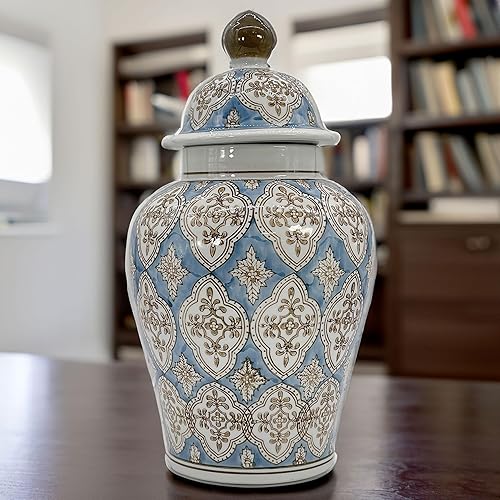 Miniatura 6 de Galt International Tarro de jengibre de cerámica de mosaico pintado a mano azul claro y marrón de 18 pulgadas con tapa, porcelana chinoiserie