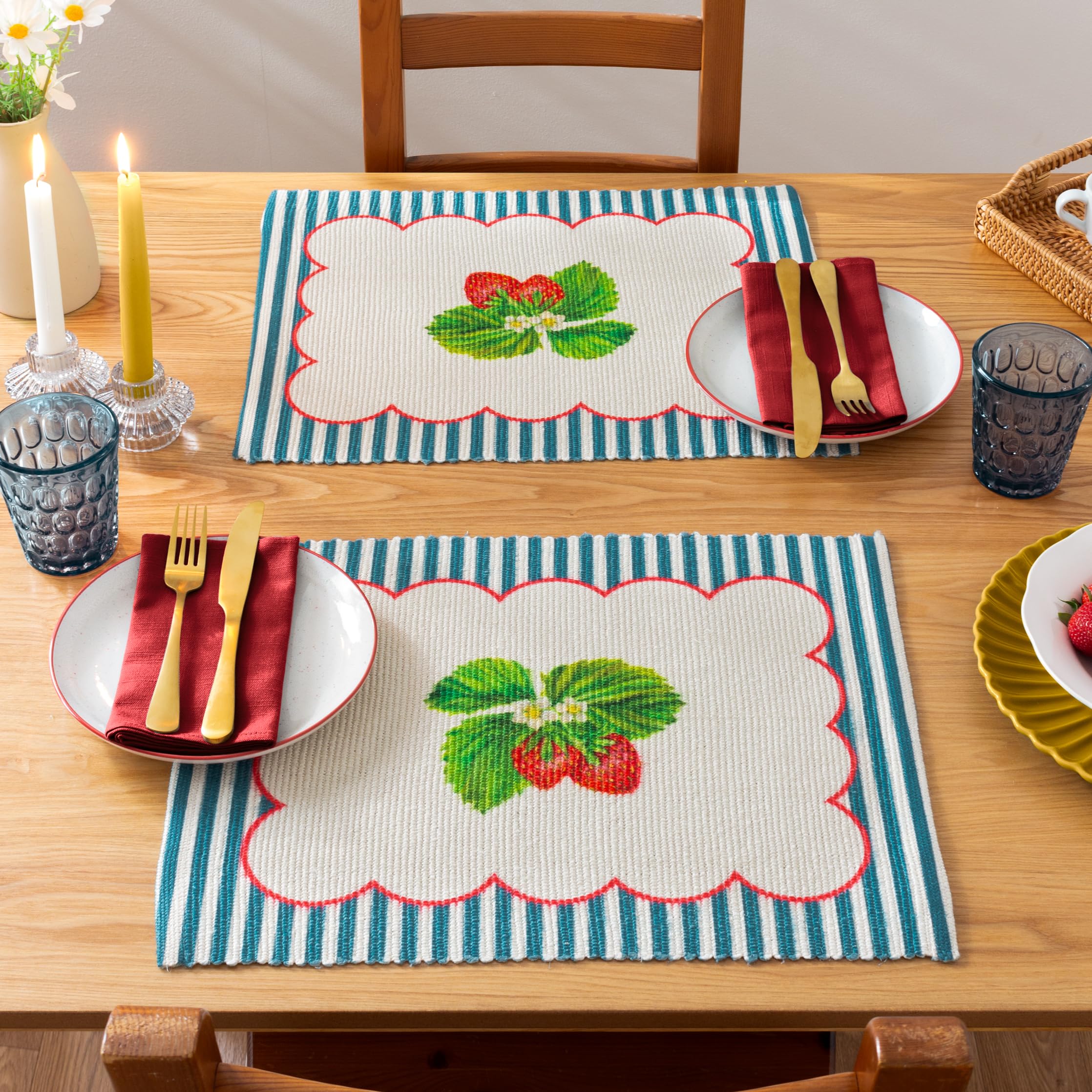 Wylder Strawberry Stripes Placemats - Washable Vibrant Summer Fruit Striped Set of 4 Quick Drying Table Mats (Blue - 46x36cm) - Image 2