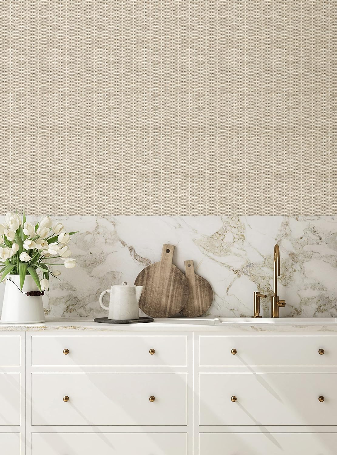 Rattan Weave Look Peel and Stick Wallpaper (Single Sheet - 2x9 ft, White Wash)