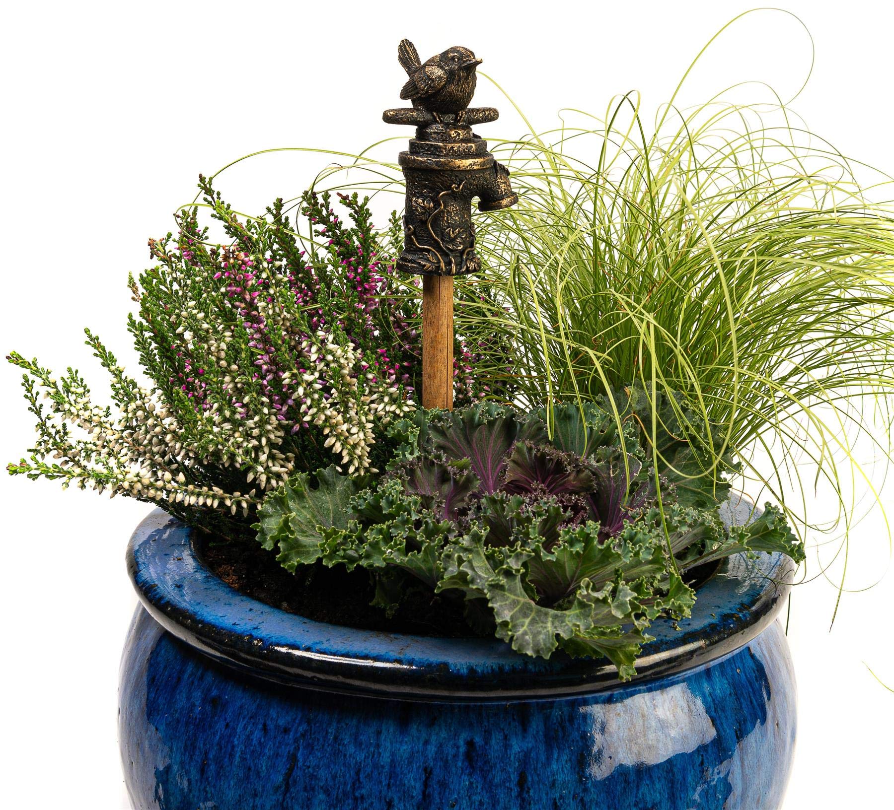 Cane Companions Wren On Tap Stake Topper - Handmade Flower Pot Garden Ornament - Outdoor Figurine