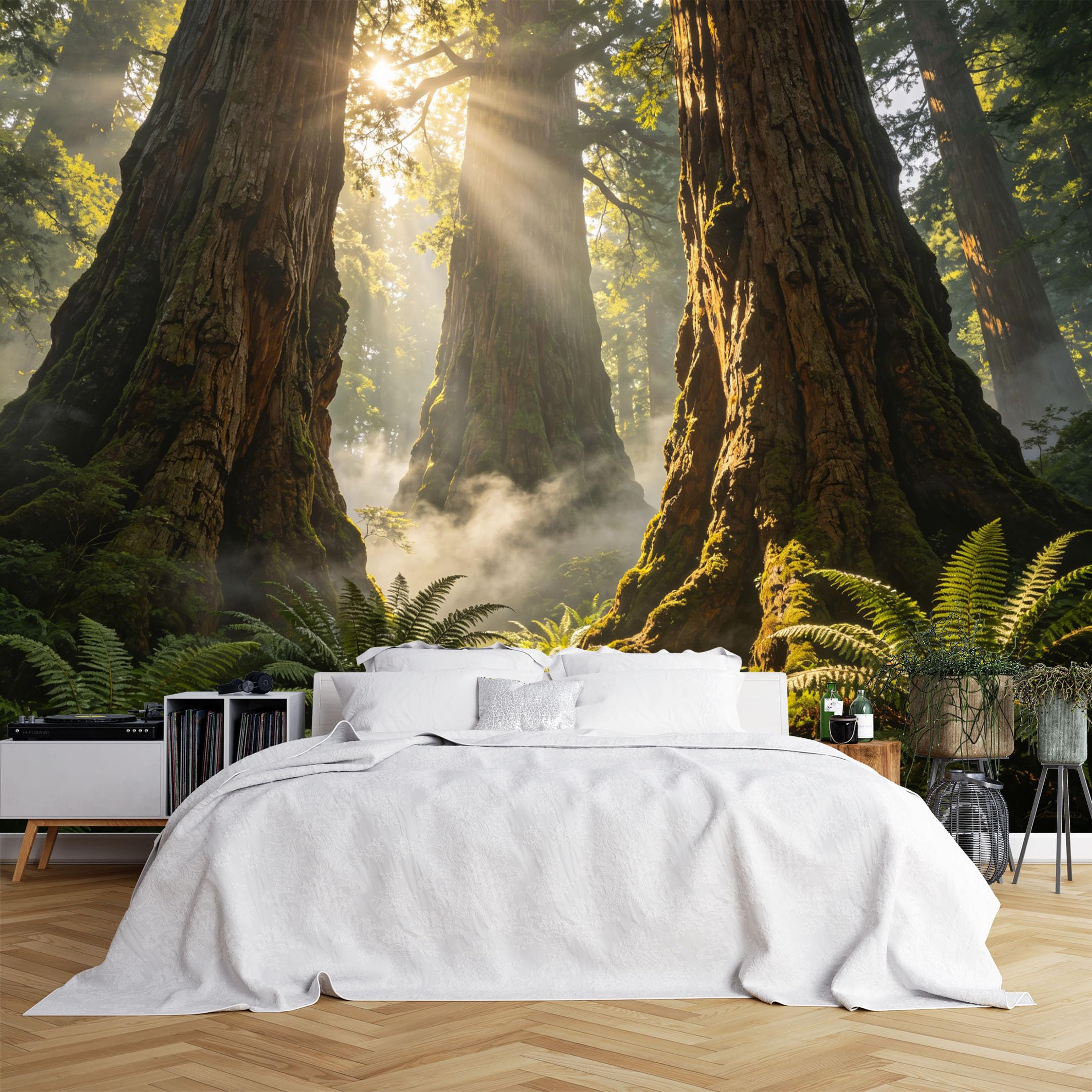 Custom Size Wall Murals Misty Redwood Forest with Sunlight Beams Wall Murals,Full Wall Self-Adhesive Removable Wallpaper for Living Room Hall