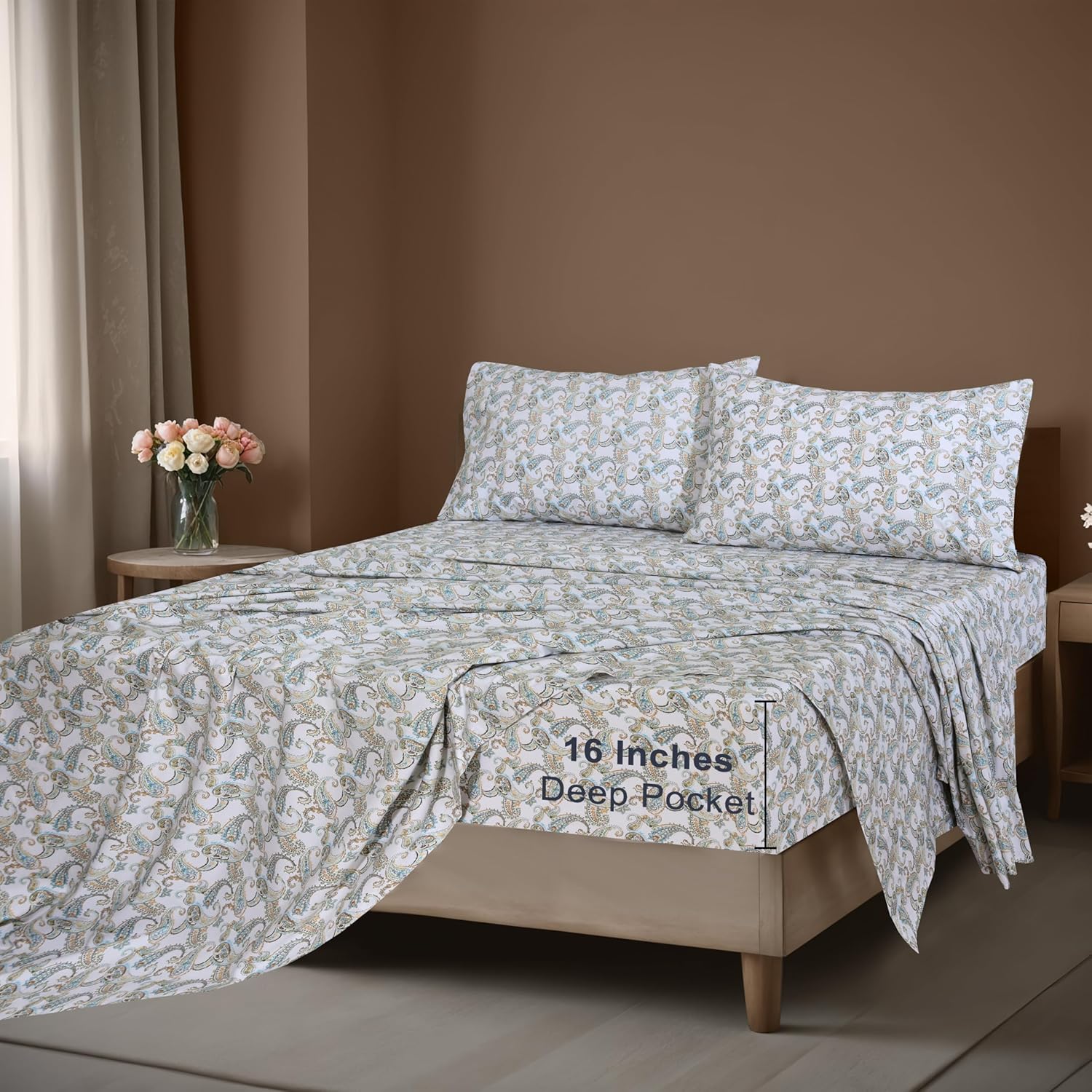 ZOYER 100% Cotton Sheets – Full Size Percale Bedding, Cooling & Breathable, Durable with a Crisp, Soft & Comfortable Feel, 16" Deep Pocket, 4-Piece Set, Paisley Ornamental - Image 6