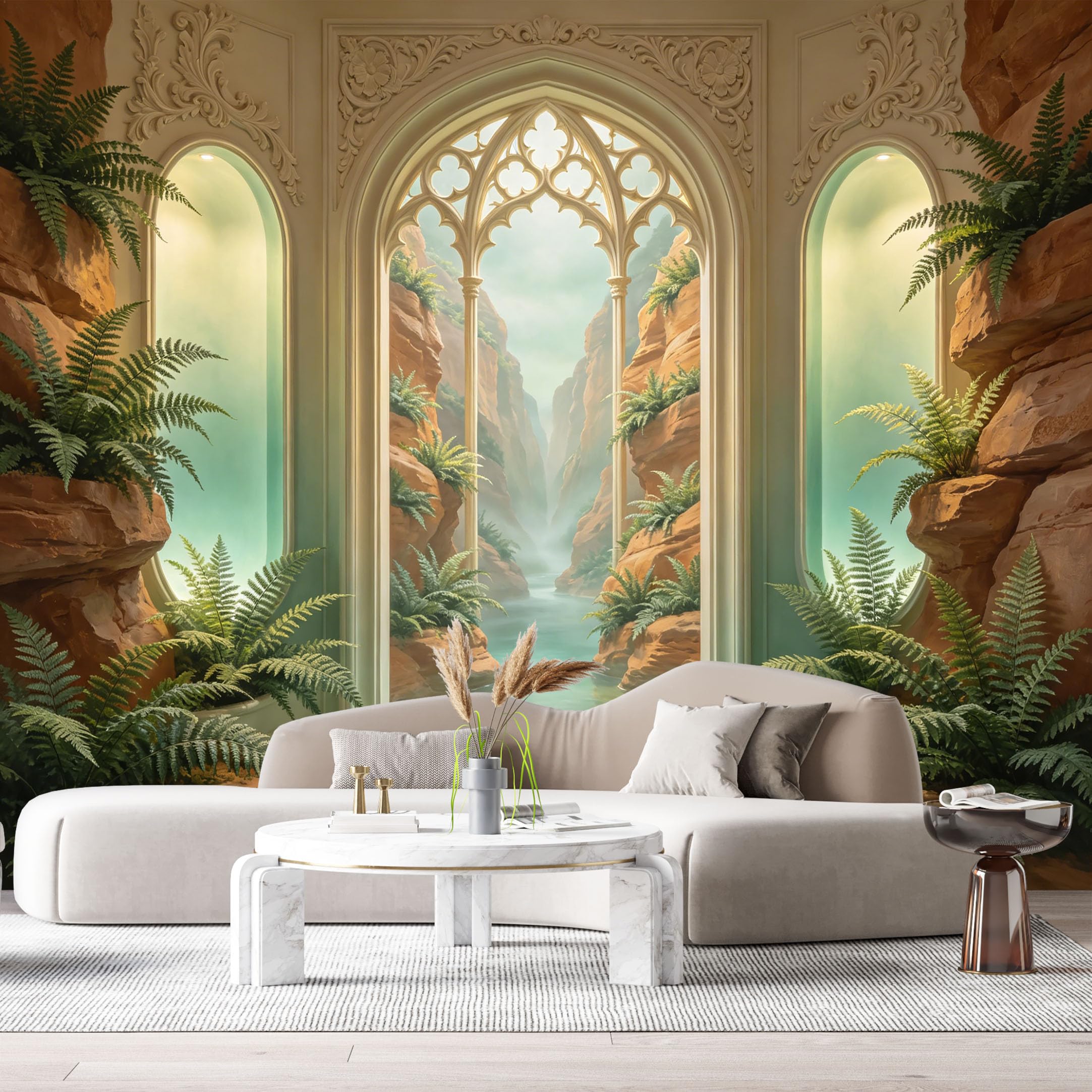Custom Size Wall Murals Gothic Arch Canyon Landscape Ferns Misty 3D Trompe L'Oeil SelfAdhesiveWall Fabric Removable Wallpaper Wall Decor for Living Room Bedroom Bathroom