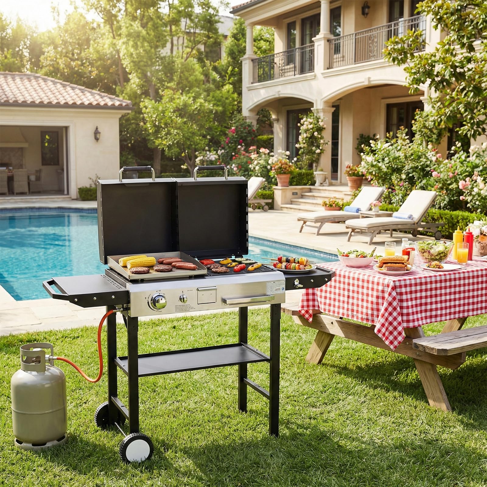 LEADZM Gasgrill 2-in-1 Gas- & Holzkohlegrill 4.5 kW - Ausgestattet mit einem 50-Mbar-Druckminderventil, Geeignet für Familienfeiern und Picknicks im Freien