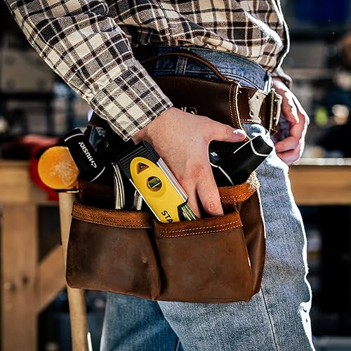 Miniatura 6 de Trailside - Cinturón de herramientas de cuero genuino para hombres bolsa para enmarcar carpinteros electricistas techos construcción súper
