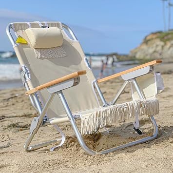 EASYGO PRODUCTS Tassel Backpack Beach Chair - 5 Positions and Cup Holder Pouch on Side - Padded Pillow - Storage Bag on Back - Lightweight Rustproof Aluminum - Black Frame, 1 Pack TAN