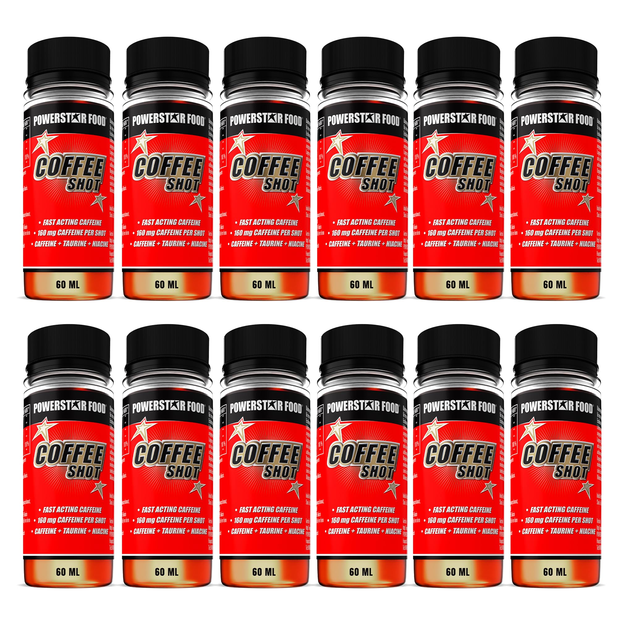 Powerstar COFFEE SHOT | 12 Energy Shots à 60ml | 160mg Koffein pro Shot | Mit Taurin, Guarana & Niacin | Deutsche Herstellung | Vegan & Hochdosiert | Für Fitness, Ausdauer, Lernen & Arbeiten