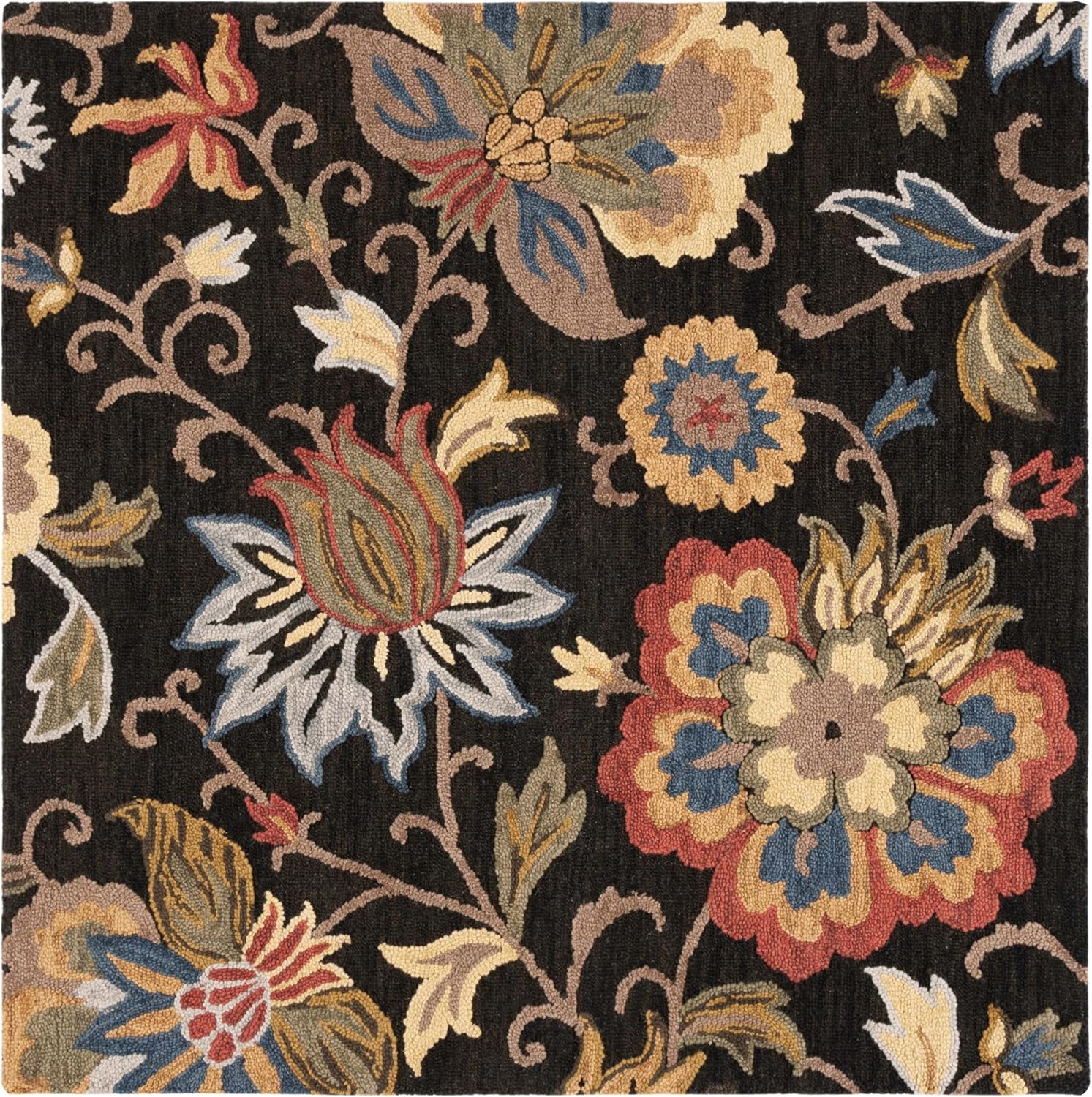SAFAVIEH Blossom Collection Area Rug - 6' Square, Black & Yellow, Handmade Wool, Floral Design, Ideal for High Traffic Areas in Living Room, Bedroom, Dining (BLM404Z-6SQ)
