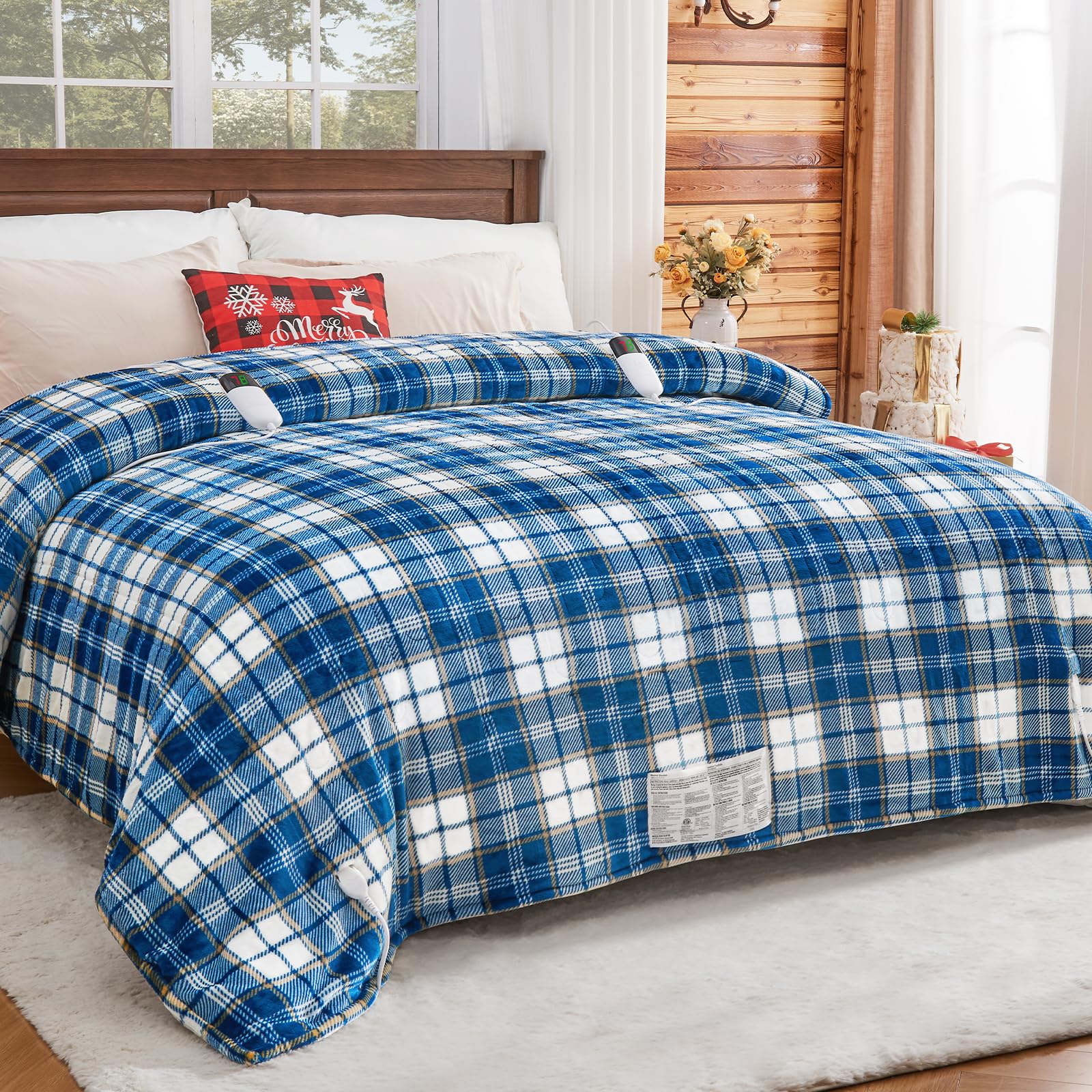 Heated Electric Blanket Queen Size, 84X90 Heating Blanket Queen with Dual Control&10 Heats Levels&Timer for Bed,Blue Plaid Sherpa Soft Blankets Warmer