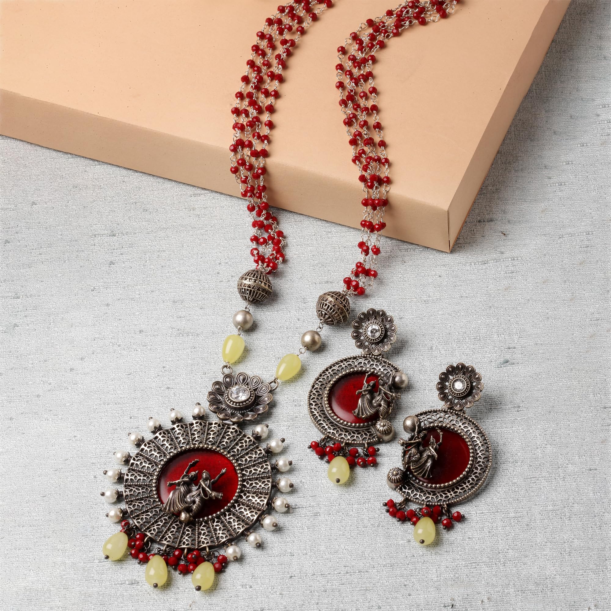 Antique Matte God Krishna Jewellery Set with Stone Studded & Beads