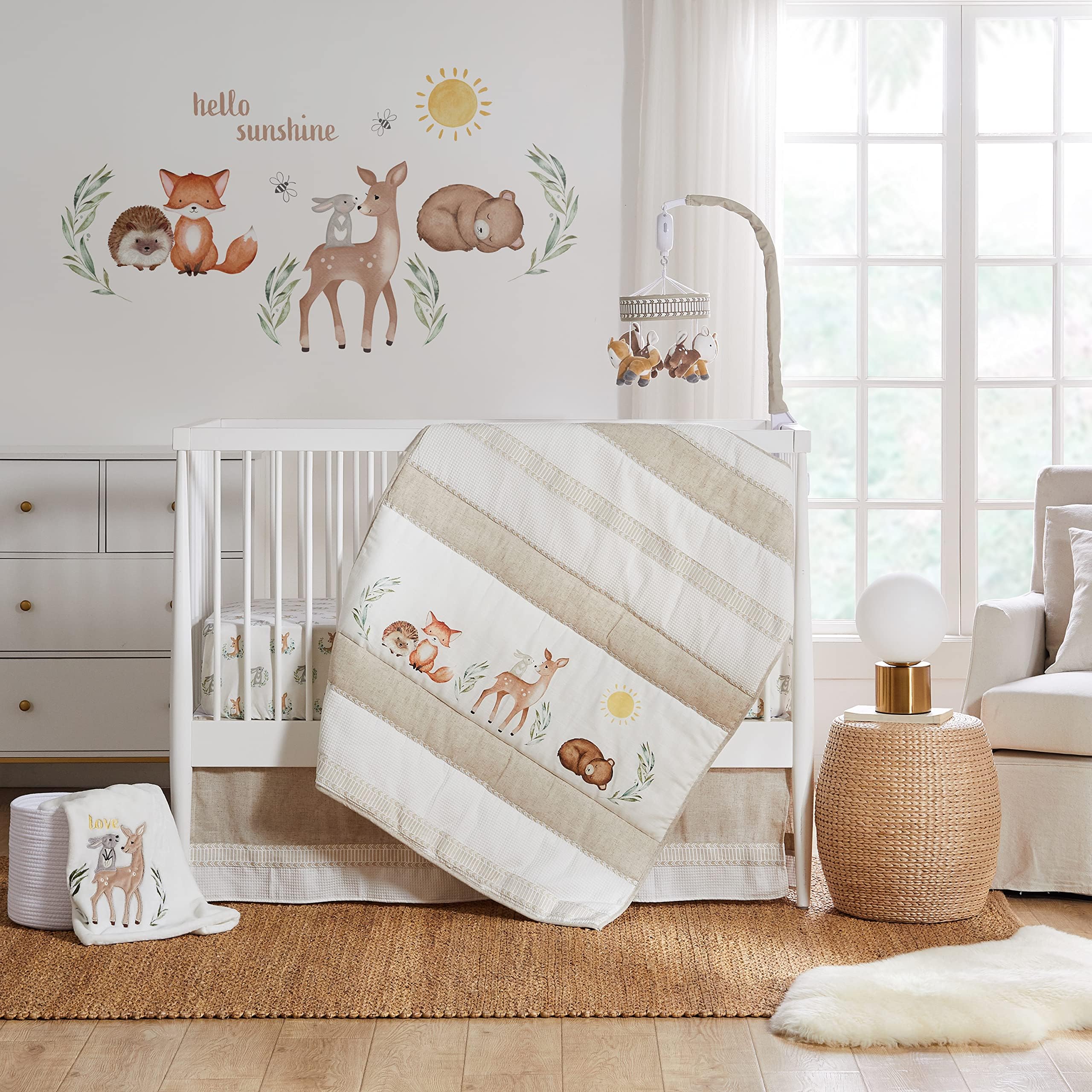 Woodland Pals Crib Bed Set - Baby Nursery Set - Cream Taupe Brown Green - Woodland Friends - 5 Piece Set Includes Quilt, One Fitted Sheet, Wall Decal, Skirt/Dust Ruffle & Basket