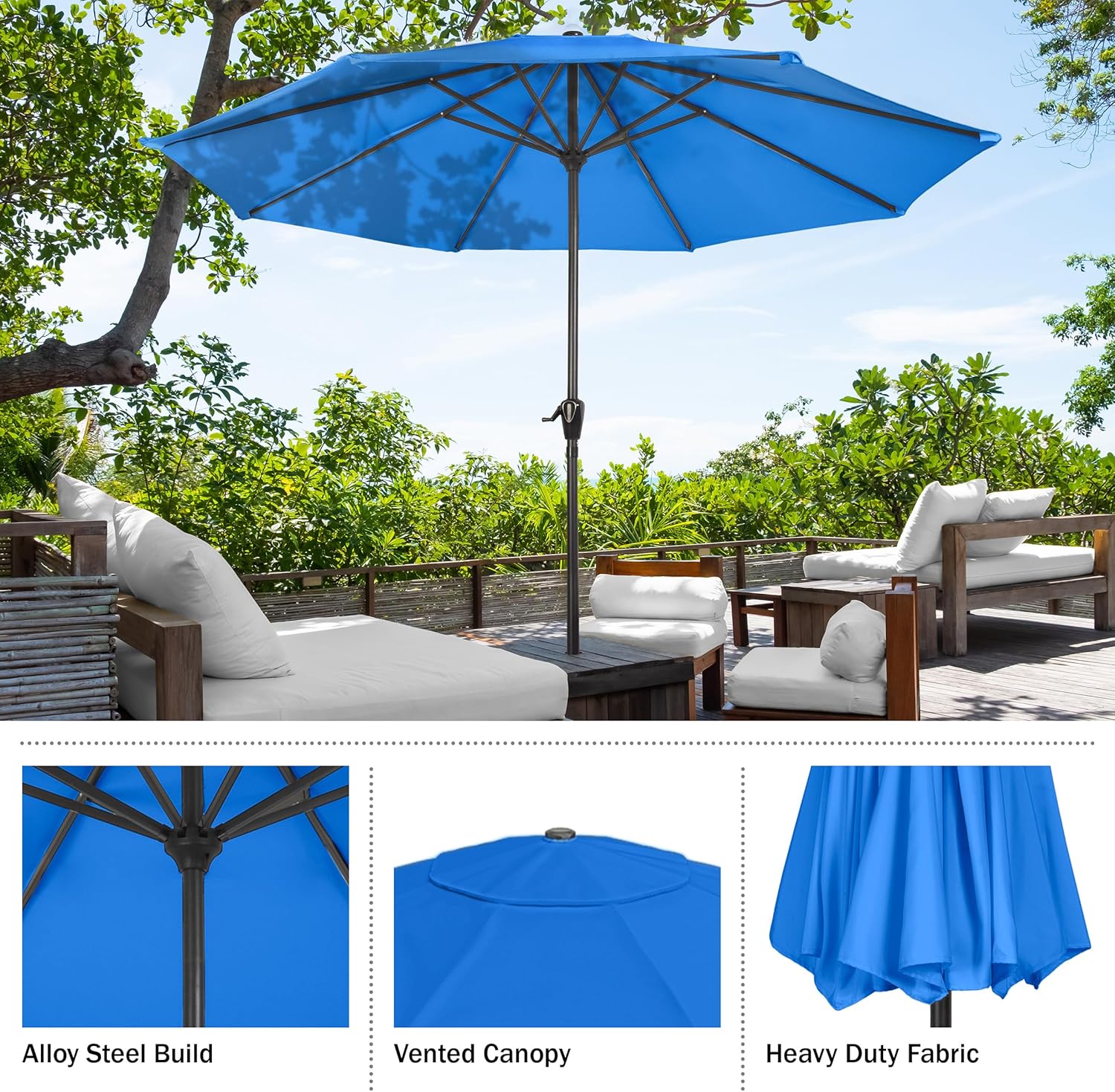 Pure Garden Patio Umbrella with Vented Canopy - 9FT Easy Crank Outdoor Umbrella for Shade - For Deck, Balcony, Backyard, or Pool (Brilliant Brilliant Blue)