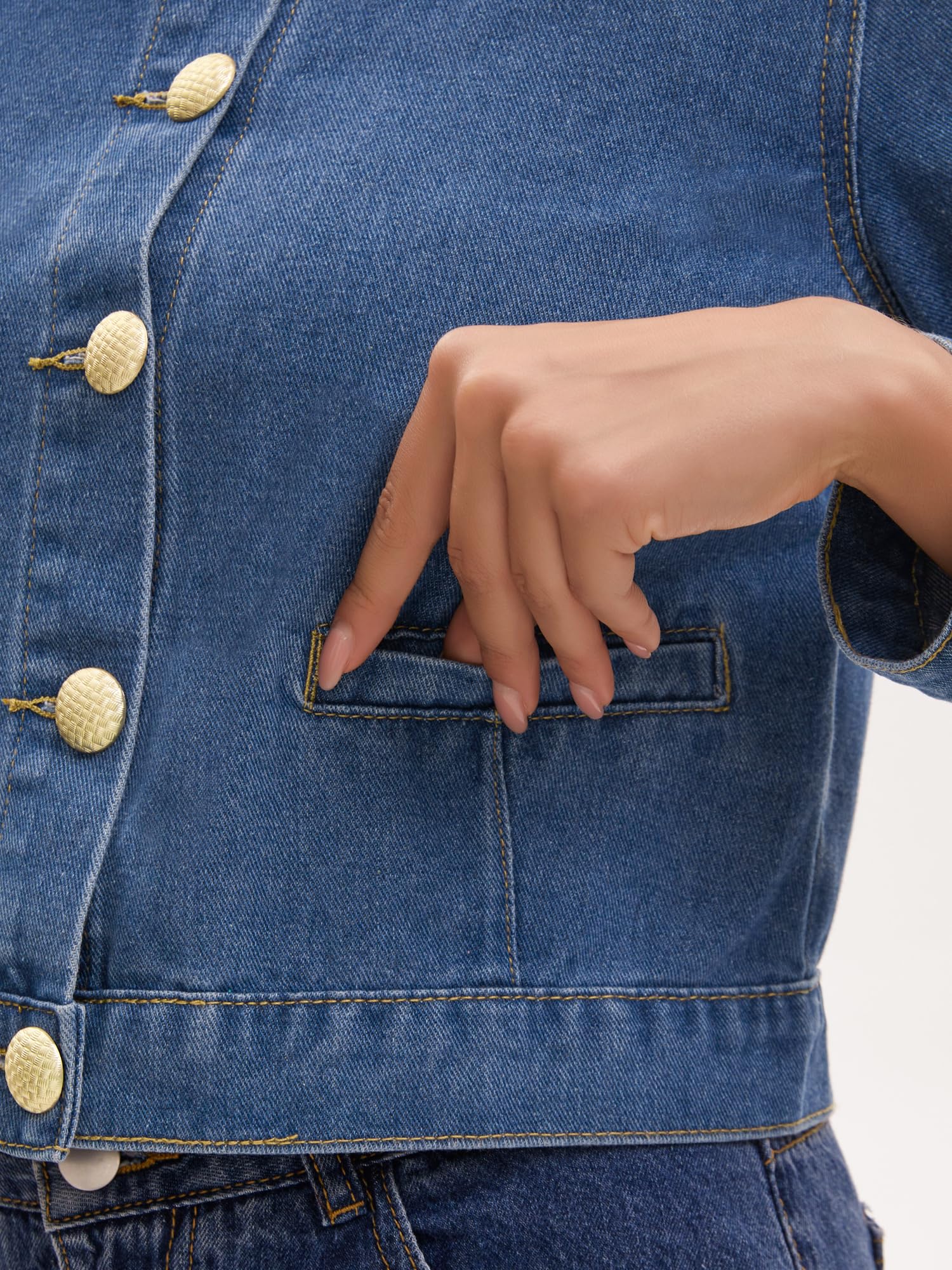Veste en Jean Femme sans Col et Manches Longues Blouson en Denim à Fermeture Boutonnée Style Vintage