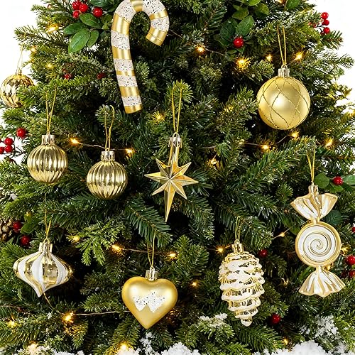 Miniatura 5 de Adornos de Navidad, juego de 16 adornos de Navidad dorados y blancos con cuerdas para colgar, ideal para decoraciones de árbol de Navidad y detalles