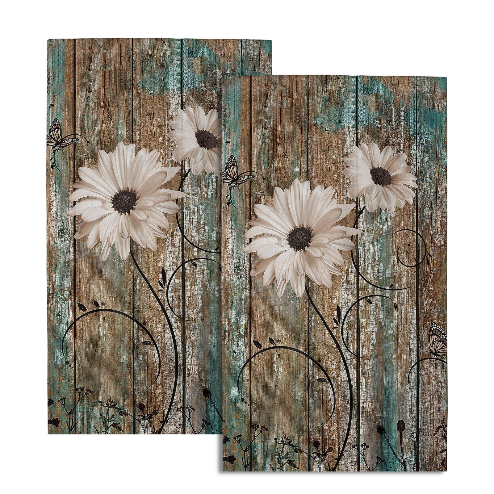 Giwawa Rustic Barn Sunflower Wooden Hand Towel 15x30 Set of 2, Daisy Flower Teal Turquoise Brown Plank Towel Retro Board Face Towel Country Barnwood