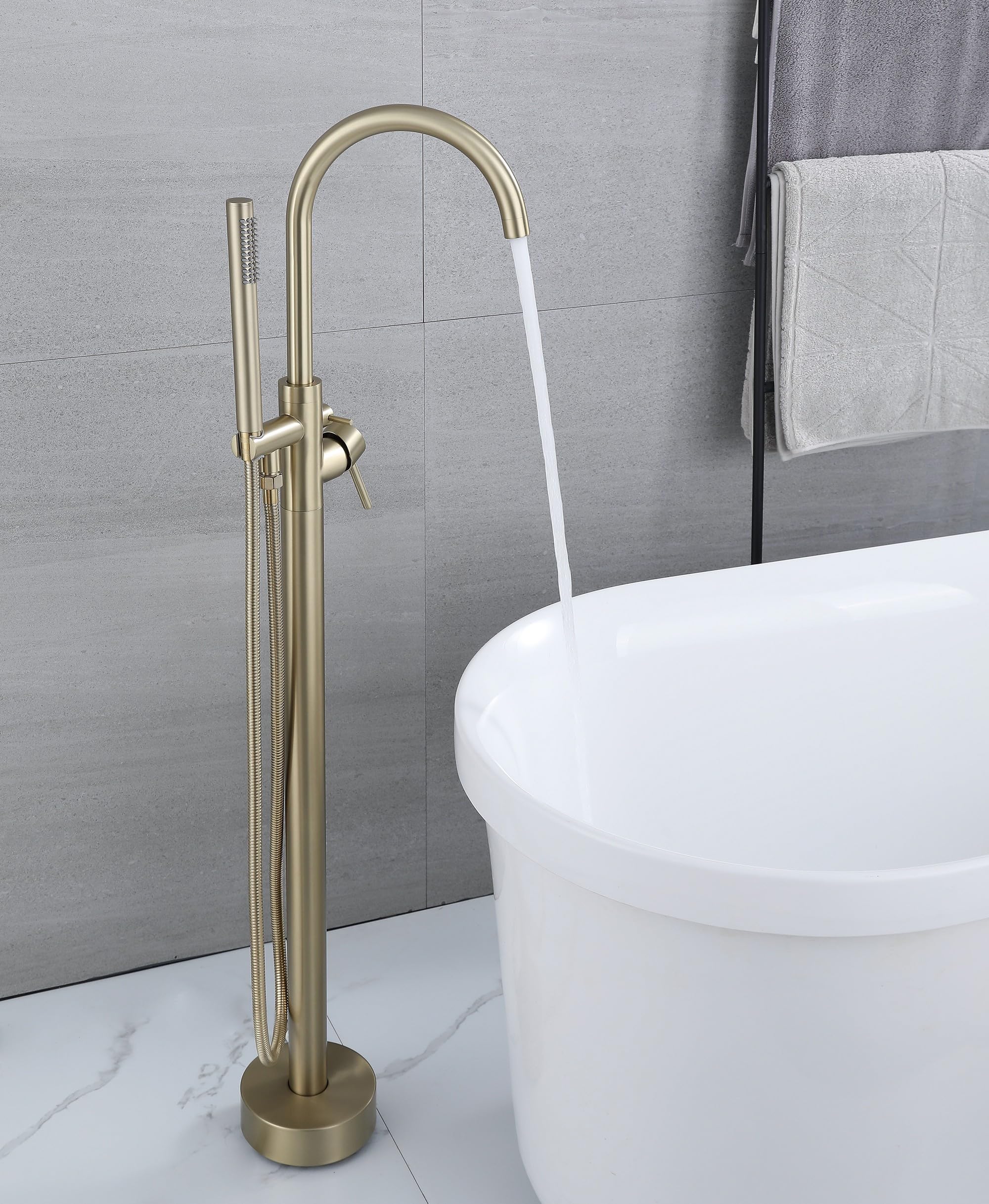 Freestanding Rubinetti Per Vasca, Montaggio A Pavimento Miscelatore Rubinetto Per Vasca Rubinetto Per Vasca Da Bagno Indipendente, Girevole A 360°, Con Doccetta Per Vasca (Oro spazzolato-A)