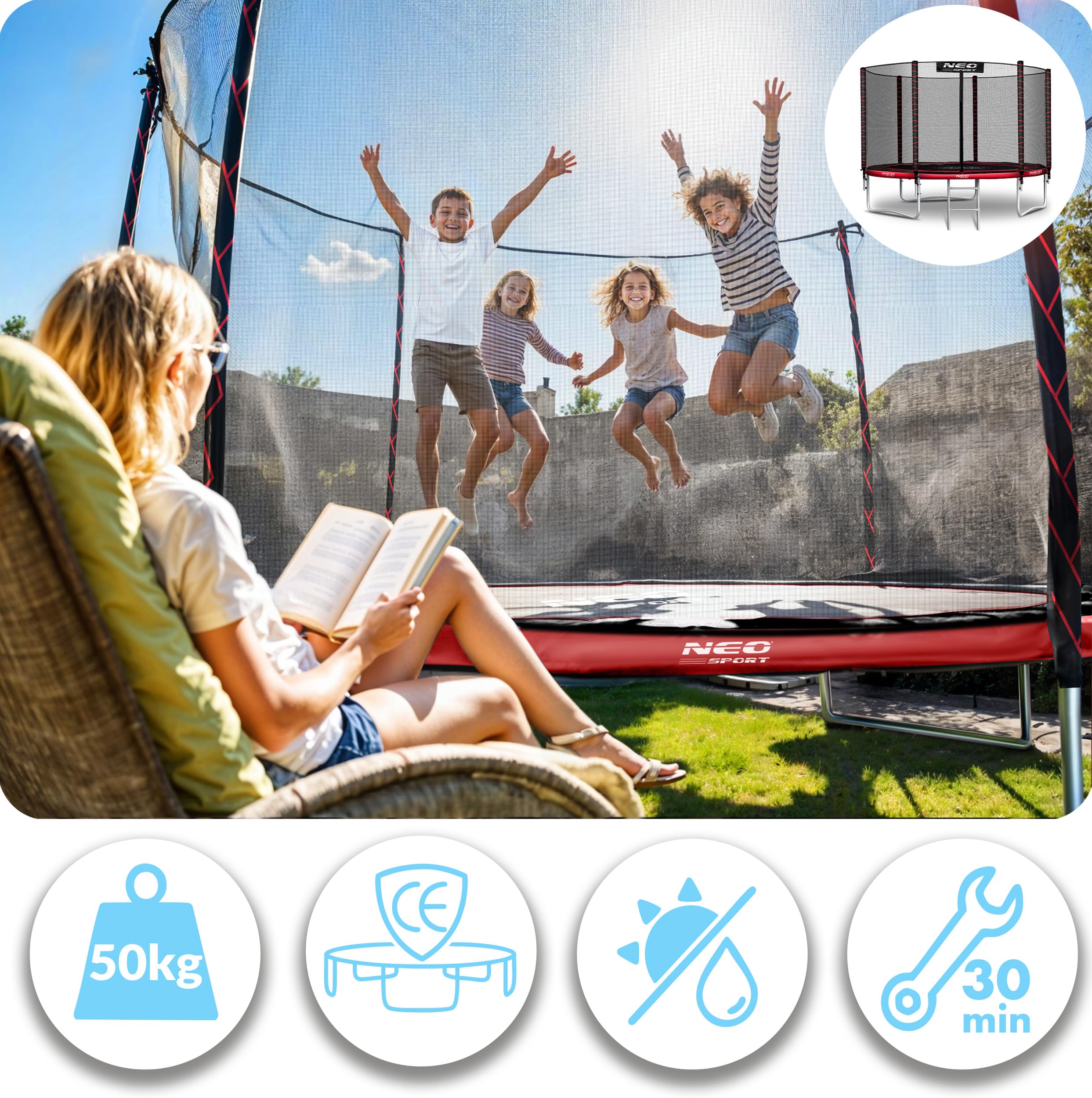Neo-Sport Trampolin Outdoor Kinder Gartentrampolin Sicherheitsnetz Innen Leiter Gepolsterte Stangen Wetterfest Rostfre