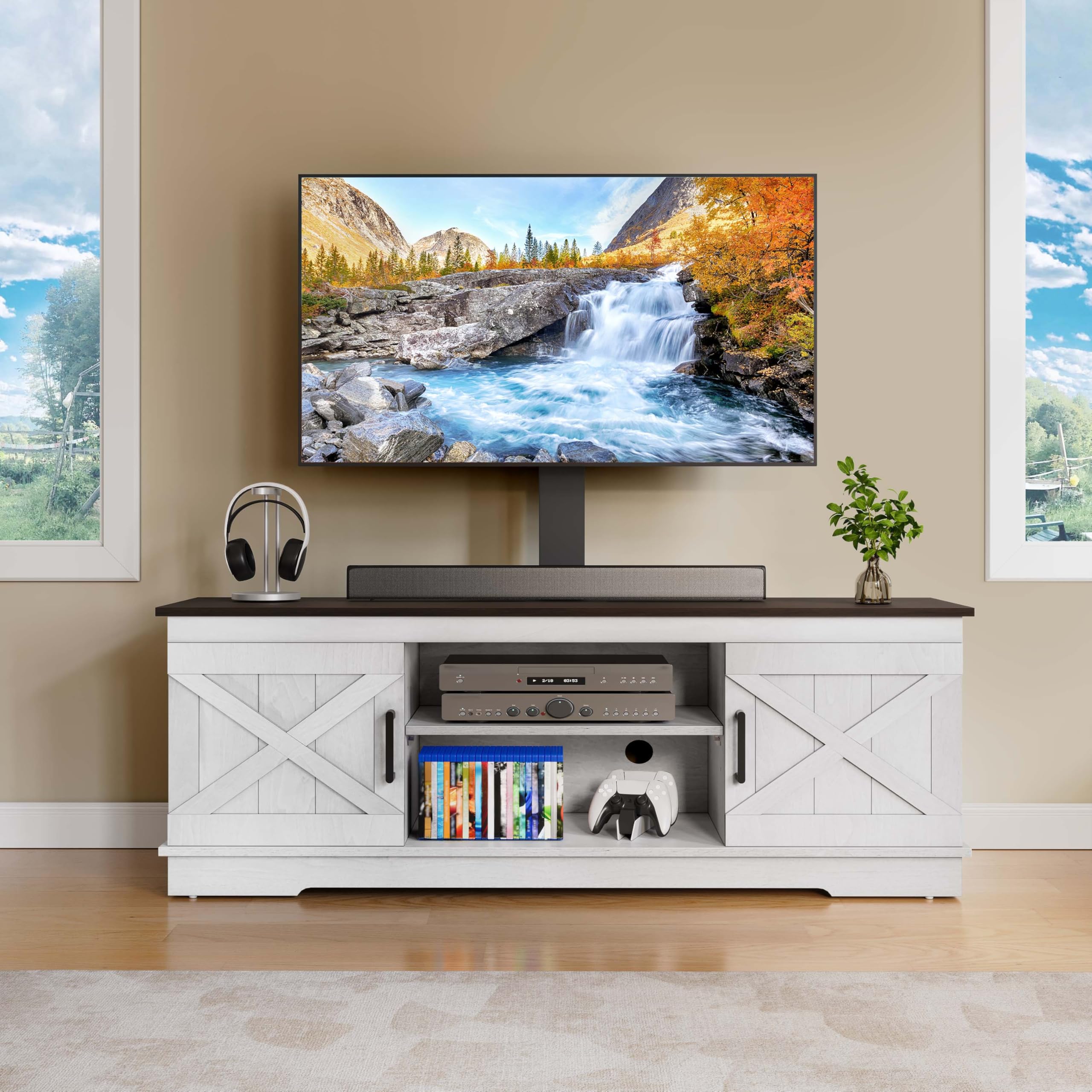 YITAHOME TV Stand with Mount for Living Room, Farmhouse TV Stand for 70 inch TV Entertainment Center, Media Console with Height Adjustable Mount, Grey White & Espresso