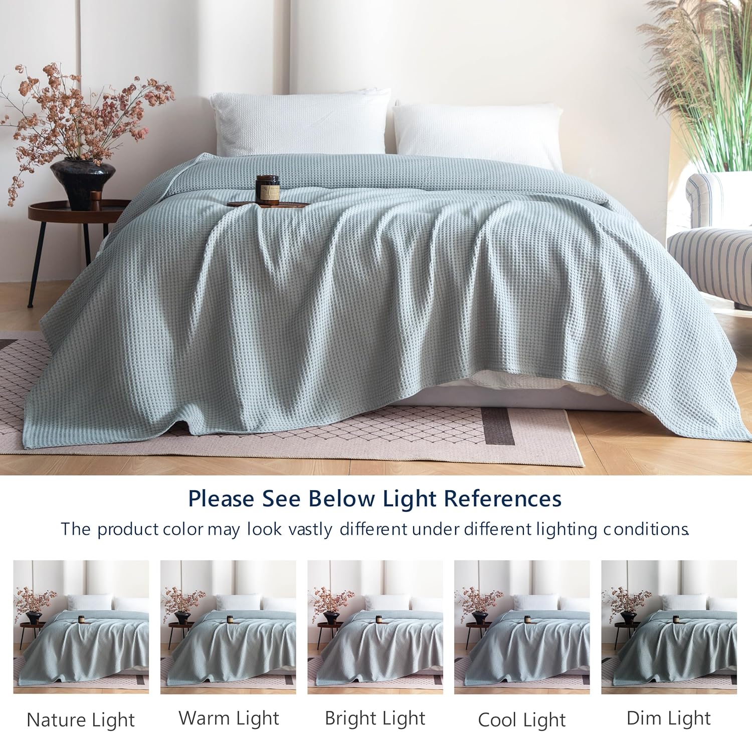 Simple&Opulence 100% Cotton Waffle Weave Blanket Queen Size 90"x90", Soft Lightweight Breathable Cozy Washed, Layer Throw Blanket for Couch Bed, Farmhouse Home Decor for Adults All-Season, Grey Blue - Image 5