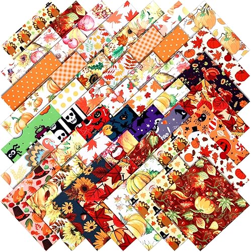 Irenare 100 Pcs 8 x 8 Inches Fall Quilting Fabric Squares Thanksgiving Fat Quarters Squares Fabric Bundle Autumn Orange Pumpkin Maple Leaf Printed