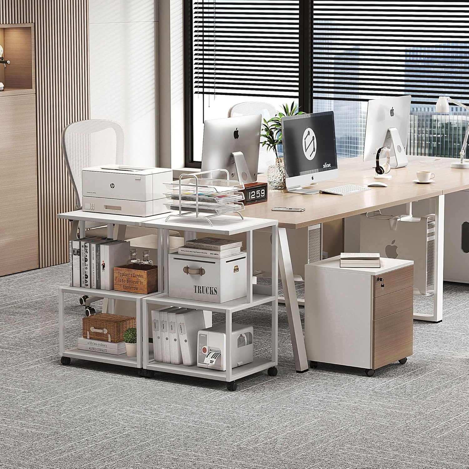 Mexin White 3 Tier Printer Table with Wheels, Industrial Rolling Cart with Storage Shelf for Scanner Fax, Home Office Use, 17.5 x 11.8 Inches
