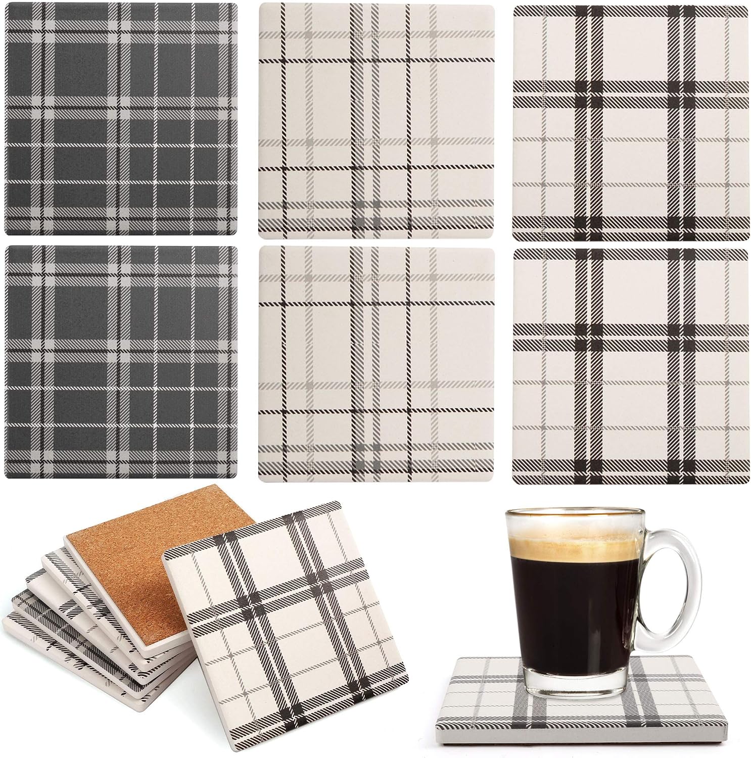 LotFancy Coasters for Drinks Absorbent Set of 6, 4" x 4" Square Coasters for Coffee Table, Neutral Plaid Coasters with Non-Slip Cork Base, Bar Room Decor Housewarming Gift