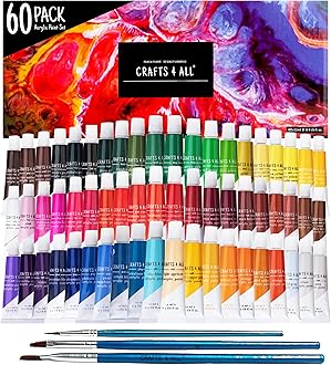 Acrylic Paint Set for Adults and Kids - 60 Pack of 12mL Paints with 3 Art Brushes, Non-Toxic Craft Paint for Easter Eggs, Ceramic Rock Paint - Art Supplies