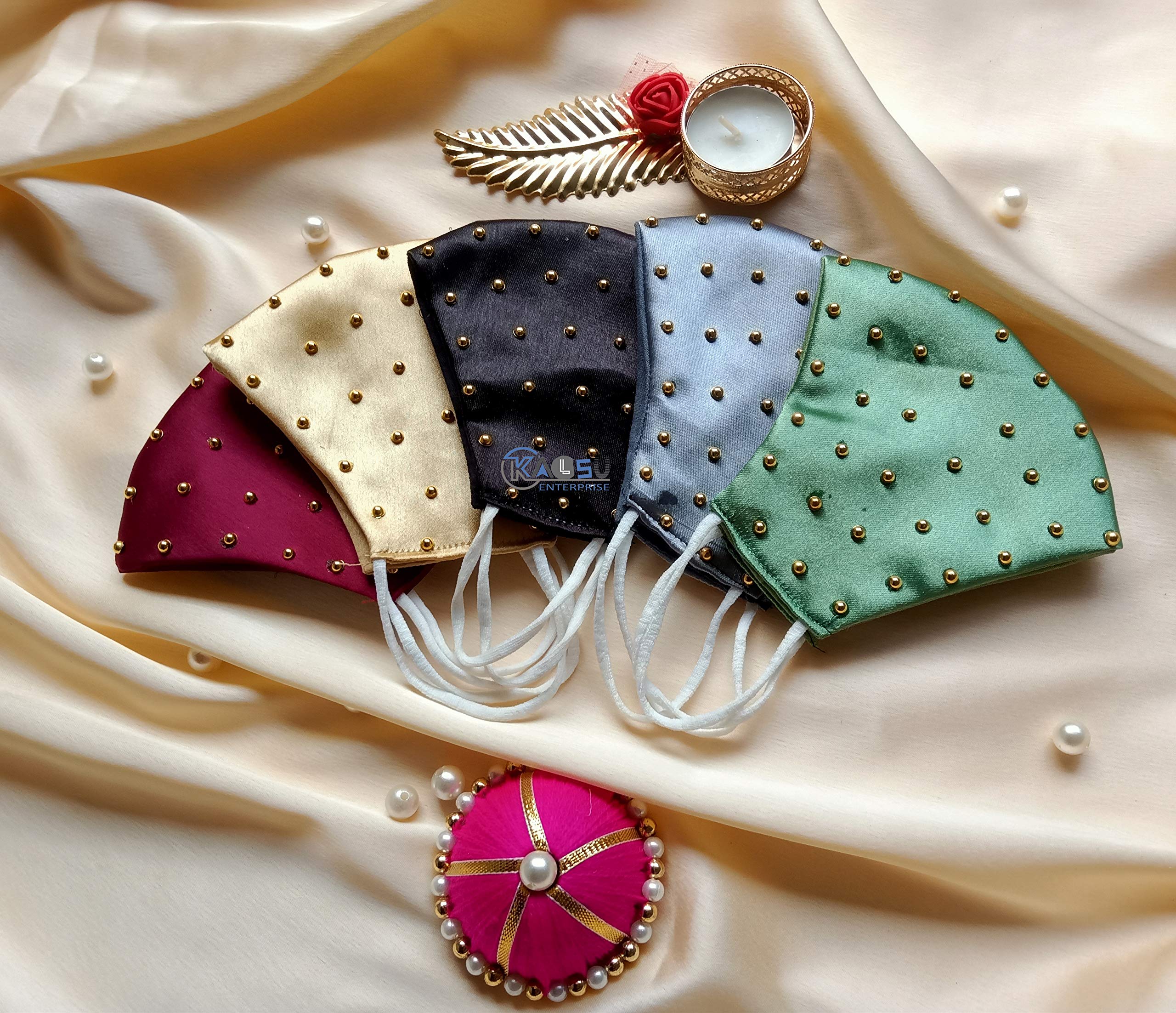 ᵀᴹ : WEDDING SPECIAL Cloth Face Mask - Washable Light Weight Satin - Cotton Masks MULTI COMBO (PACK OF 5- MAROON-GOLDEN-BLACK-GRAY-GREEN)-image-40