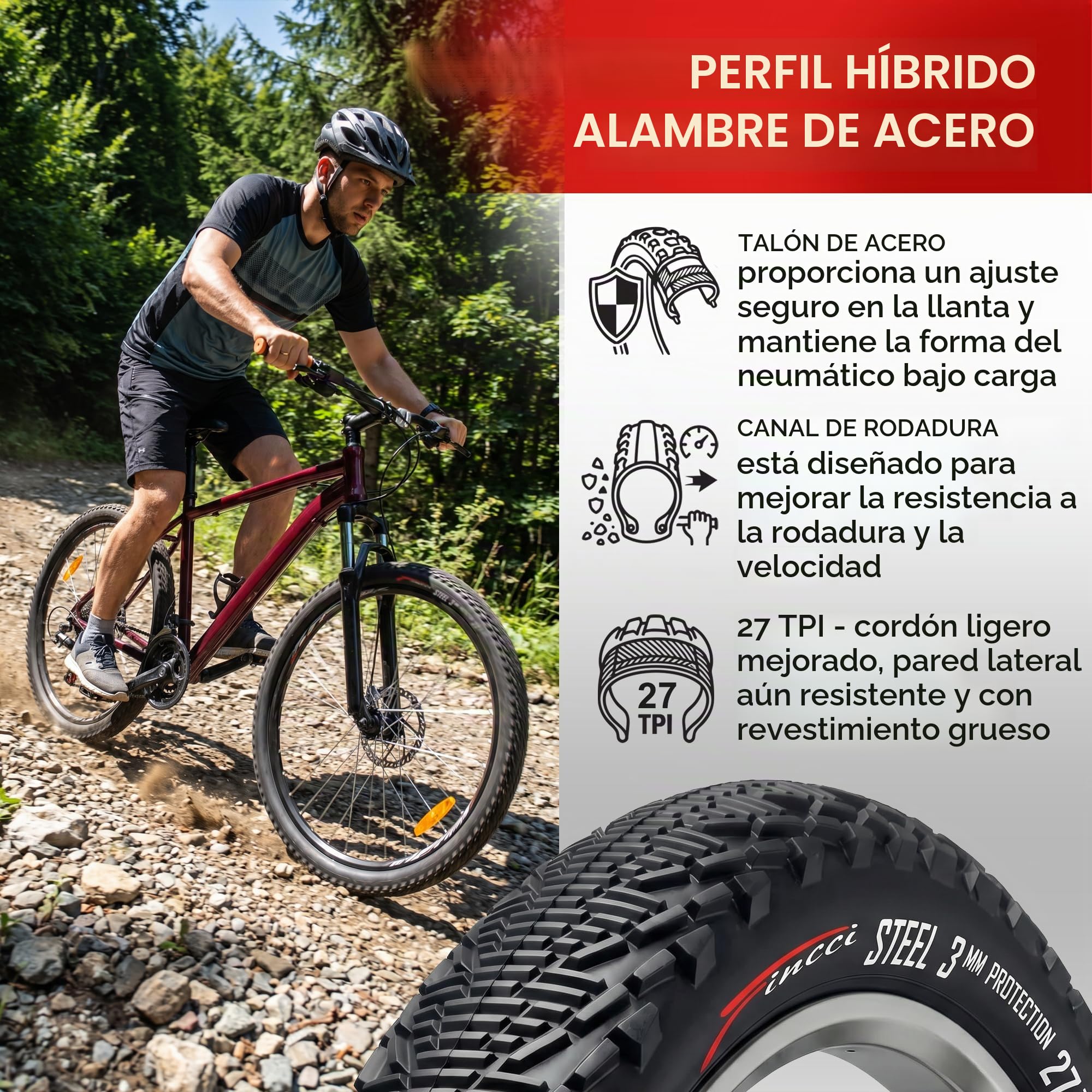 Fincci Cubierta Bicicleta 26x1.95 53-559 Plegable con Protección 3mm