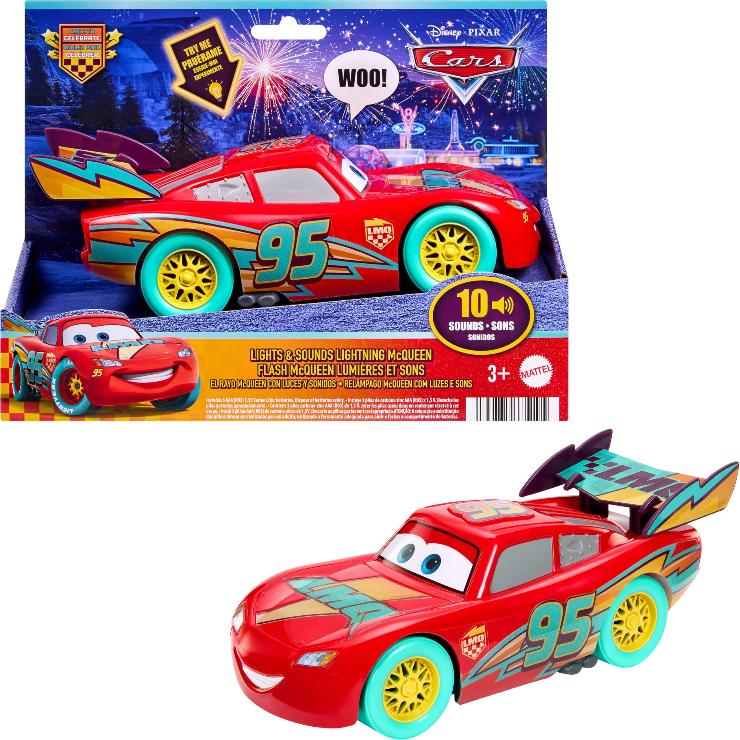 Mattel Disney And Pixar Cars Toy Race to Celebrate Lights & Sounds Lightning McQueen, Large-Scale Vehicle with 10 Different Special Effects, JMT55
