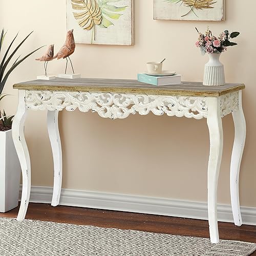 LuxenHome Console Table, 46" Wood Decorative Vintage French Country Entry Table, Farmhouse Antique Sofa Table with Wood Carvings, Woodgrain/Off-White