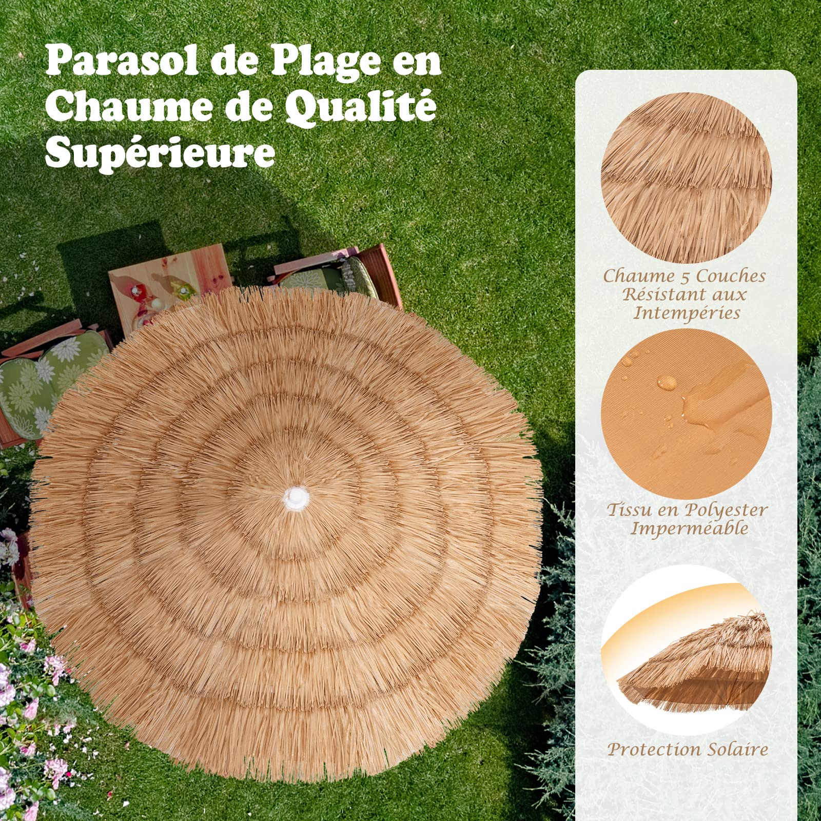COSTWAY Parasol de Jardin Exterieur Φ175 cm, Inclinable et Hauteur Réglables 140-190 cm, Parasol Exotique Paille PP à 5 Couches, Sac de Transport, 8 Baleines, Style Hawaïen pour Jardin Plage Piscine
