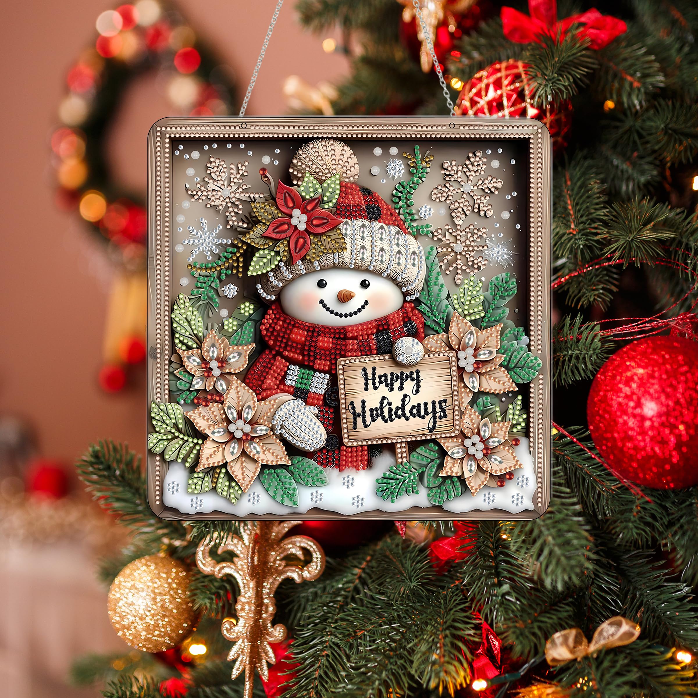 DIY Acrylic Diamond Art Painting Wreath Kit - Christmas Poinsettia, Double-Sided, Window Hanging Ornament