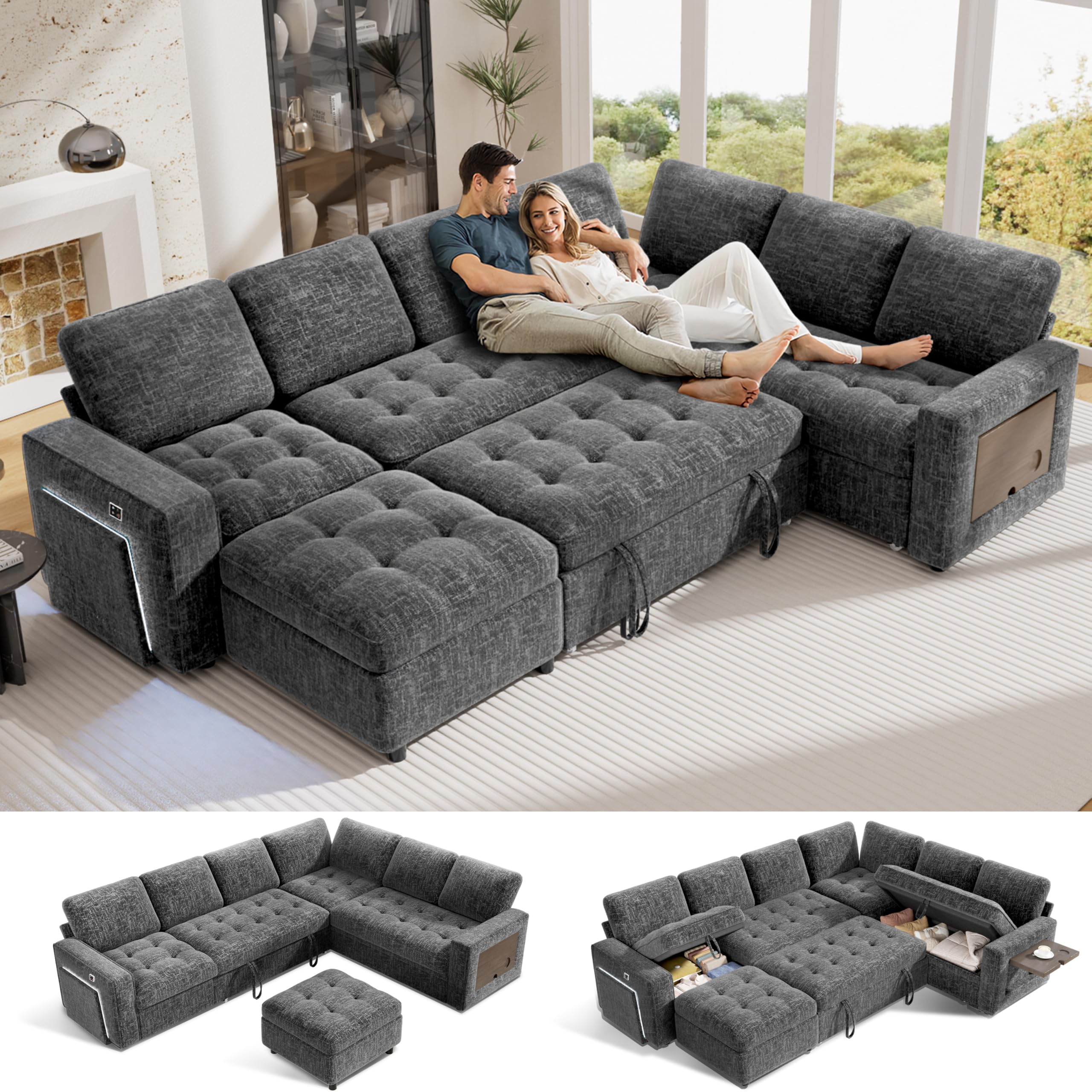 Vipbear 7 Seat L Shaped Modular Sectional Sleeper Sofa Bed with Ottoman/Pull Out Bed/Reclining Backrest/USB Ports/Table/LED Light/Storage Seat,