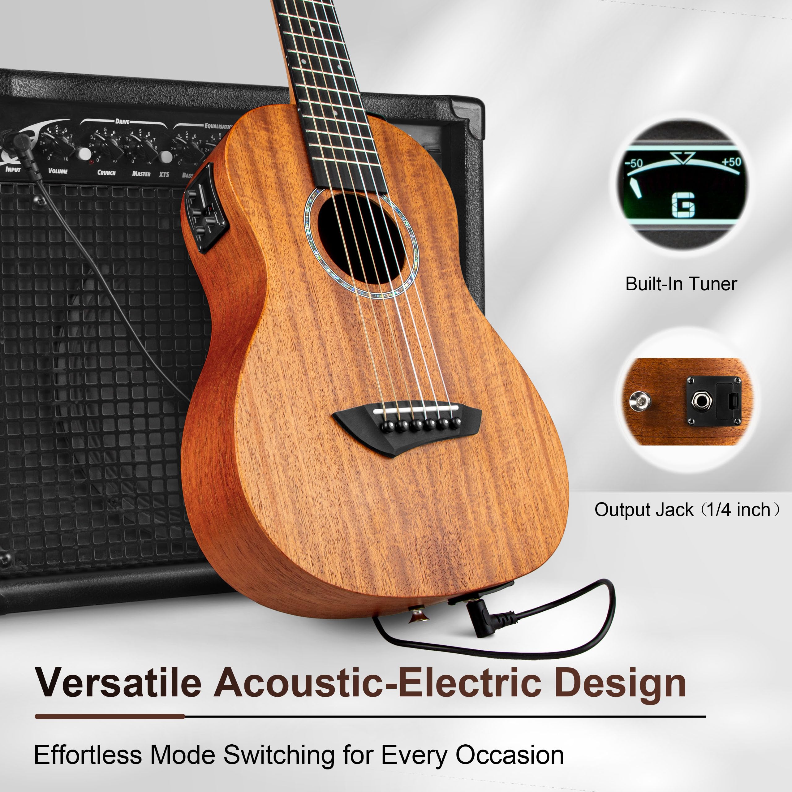 Caramel 30 inch All Solid Mahogany 6 String Electric Guitalele | Wooden LCD color display Small Hawaiian Beginner Guitar Starter Pack Bundle Gig bag StrapStrings Set product thumbnail 4