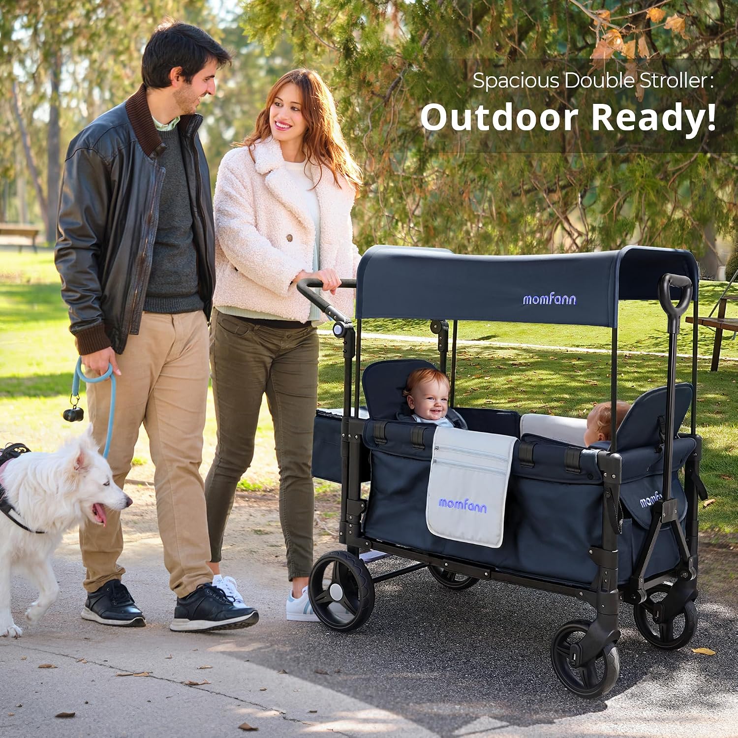 MOMFANN Wagon Stroller for 2 Kids, All-Terrain Foldable Baby Wagon with Adjustable Push & Pull Handle, 5-Point Harness, Removable Canopy, Footwell & Large Storage Bag-Blue thumbnail