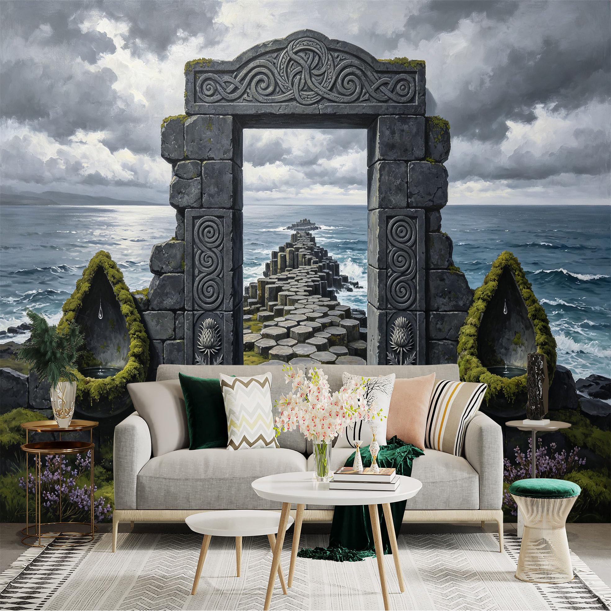 Custom Size Wall Sticker Mural， Celtic Stone Archway with Ocean Path and Stormy Coast， for wall Decoration， peelandstick wall Decals.