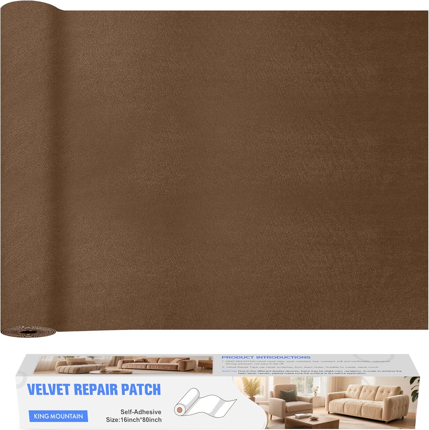 KING MOUNTAIN Couch Fabric Repair Patch, Fabric Patches for Furniture, 16" x 80" Waterproof Velvet Repair Tape for Sofas, Car Seats, Furniture, Upholstery Fabrics and Velvet Goods. （Brown）