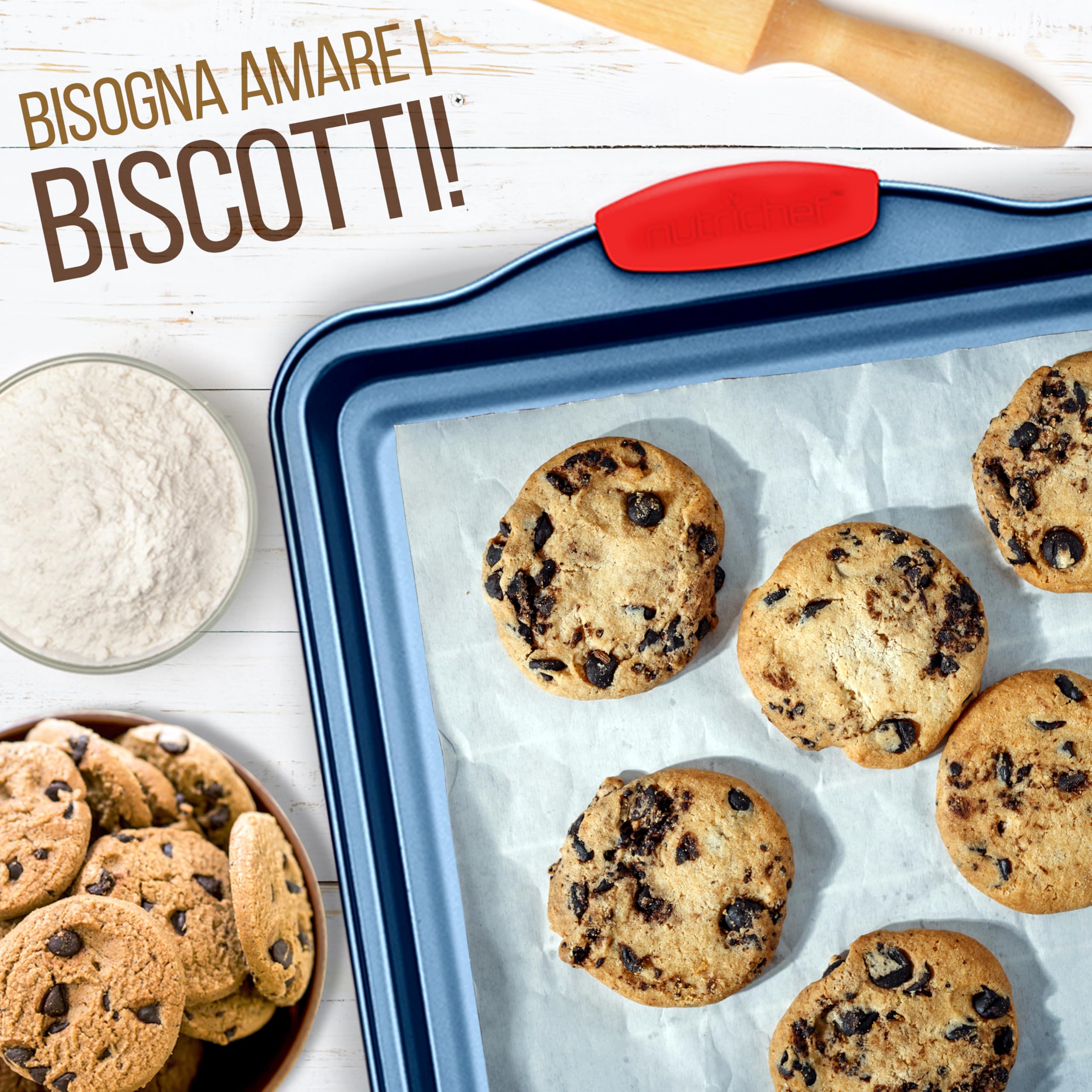 NutriChef Set 3 Teglie Forno Antiaderenti in Acciaio al Carbonio con Manici in Silicone, Teglie da Forno Grandi Medie e Piccole per Biscotti, Dolci, Pane, Blu