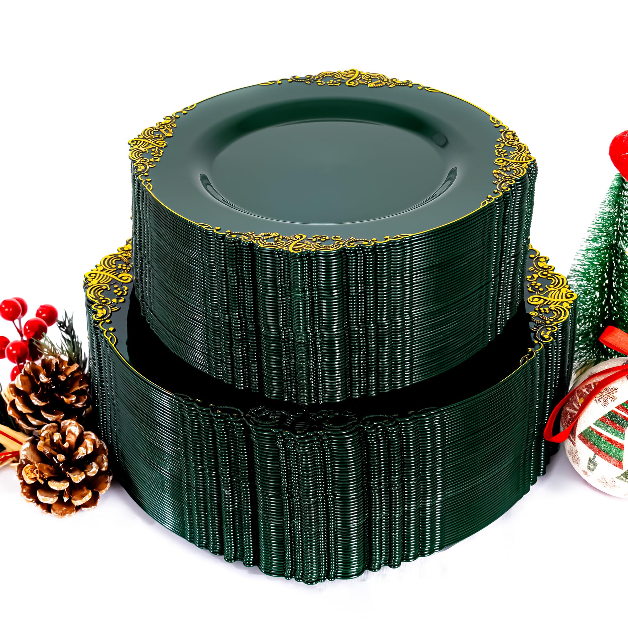102PCS Christmas Plastic Plates - Green and Gold Plates - Fancy Heavy Duty Disposable Plate - Heavyweight Dinner & Dessert Plate for 51 Guests for Party & Christmas