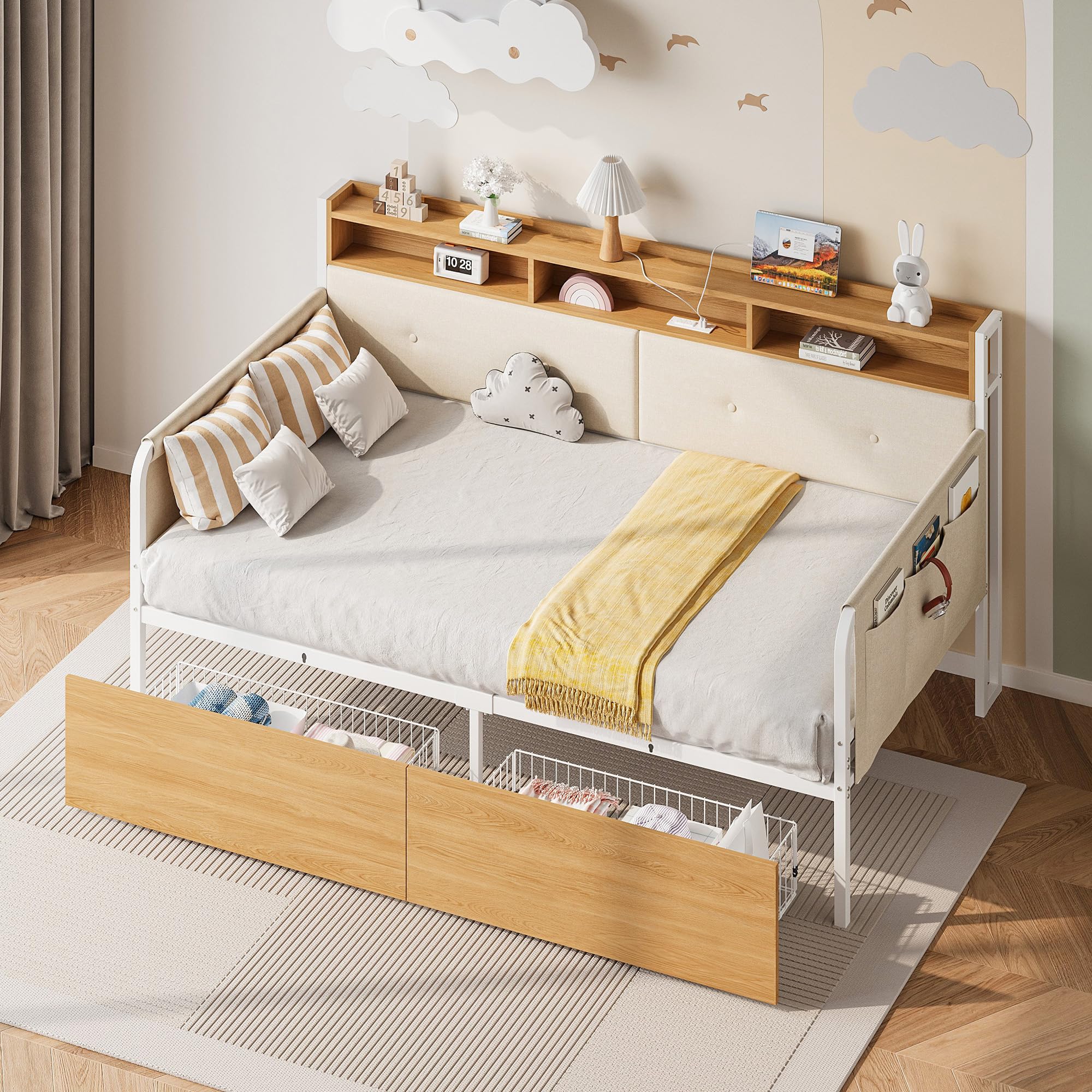 LIKIMIO Twin Daybed with Storage, Twin Bed Frame with Upholstered Headboard and Charging Station, Sofa Day Bed with Strong Supports for Living Room,