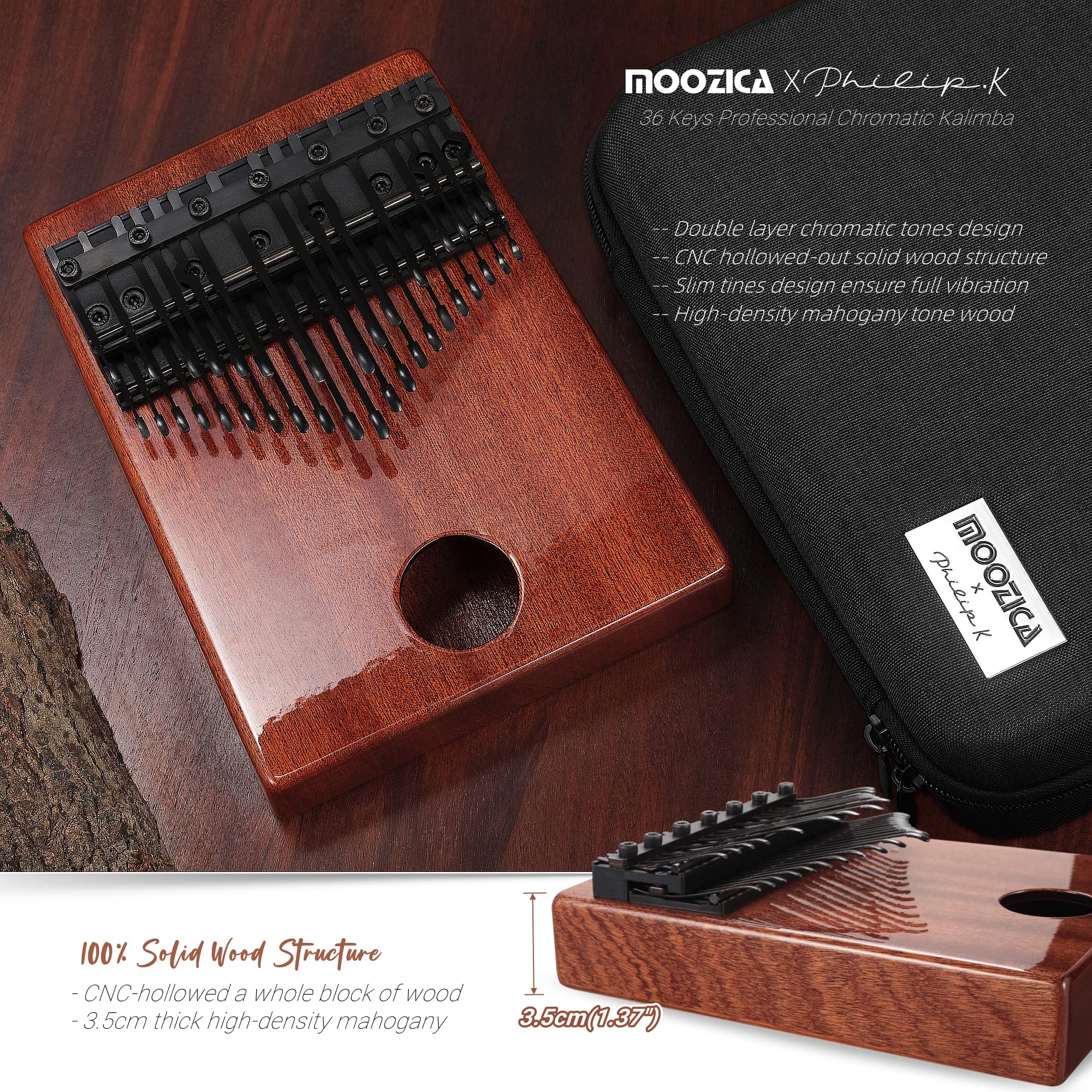 Kalimba Chromatique 36 Touches MOOZICA - Piano à Pouce Bois Acajou Professionnel