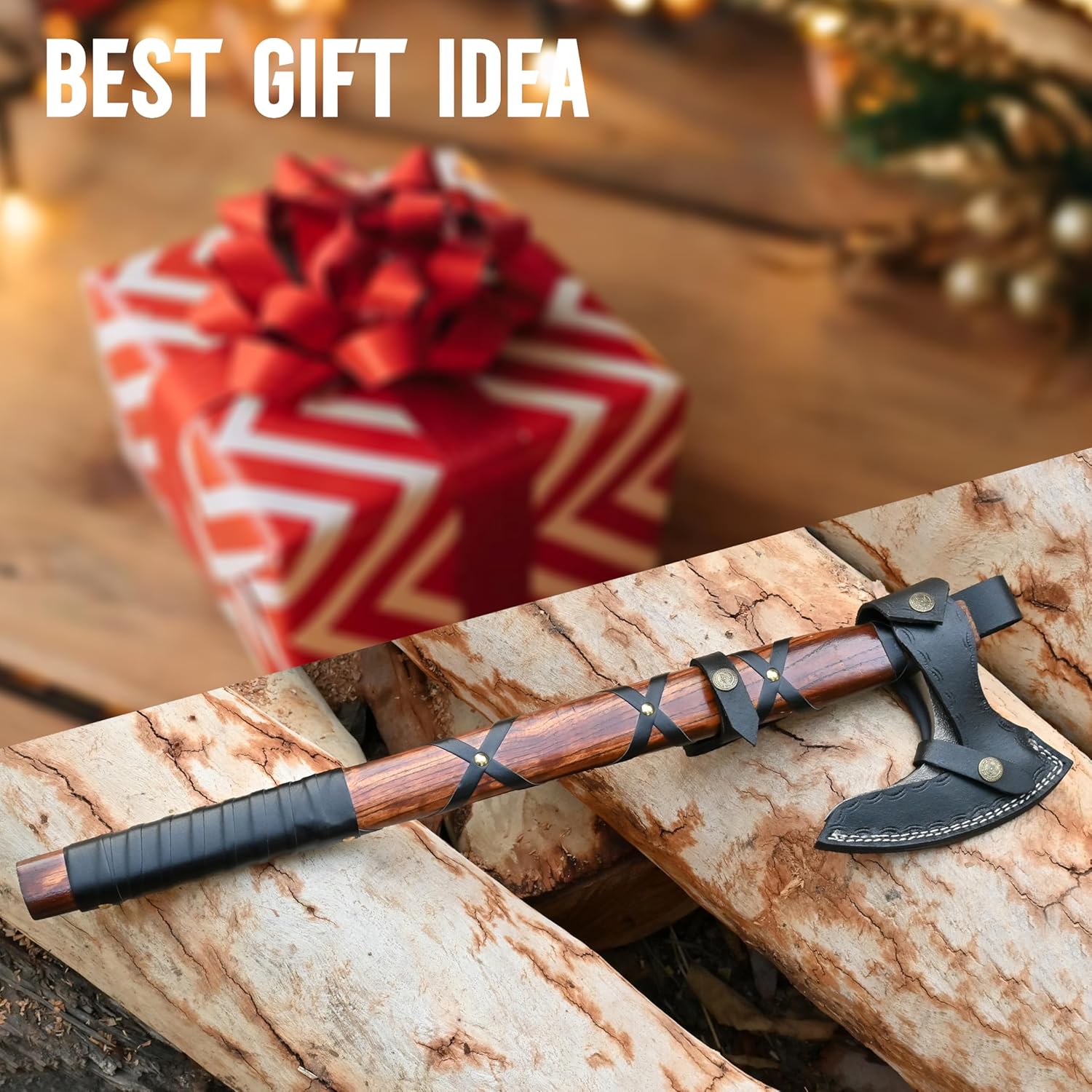 22-Inch Hand-Forged Viking Axe with Sheath, Hatchet with Sheath, Gift for Men, Survival Axe, Viking Bearded Camping Axe, Ragnar Lothbrok Axe, Viking Knives, Best Gift Axe (Brown)