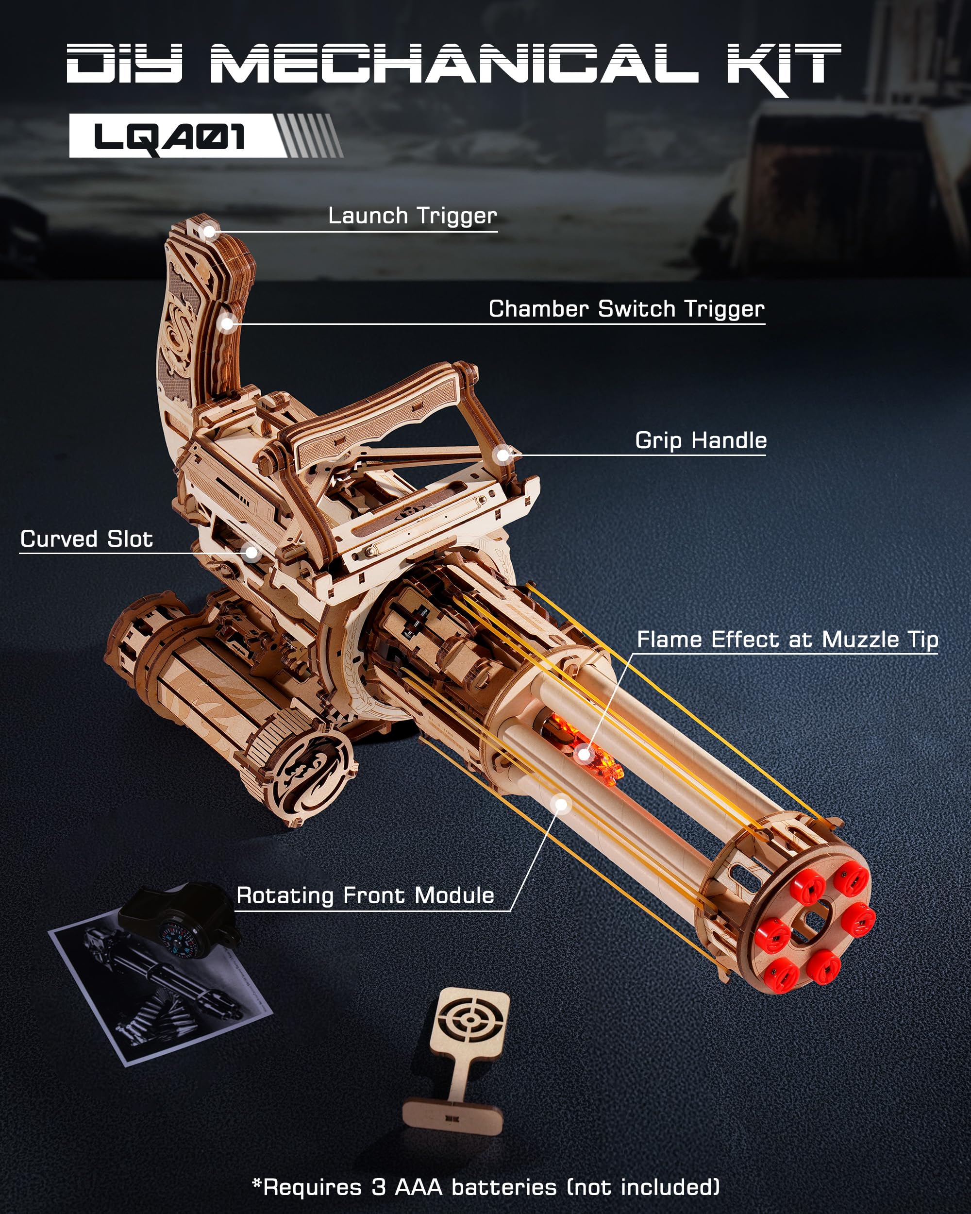 ROBOTIME Zestaw puzzle 3D z drewna dla dorosłych i nastolatków, mechaniczny model do zrobienia na własną rękę z 412 elementami, wyrzutnia gumek, kreatywny prezent dla entuzjastów puzzli i