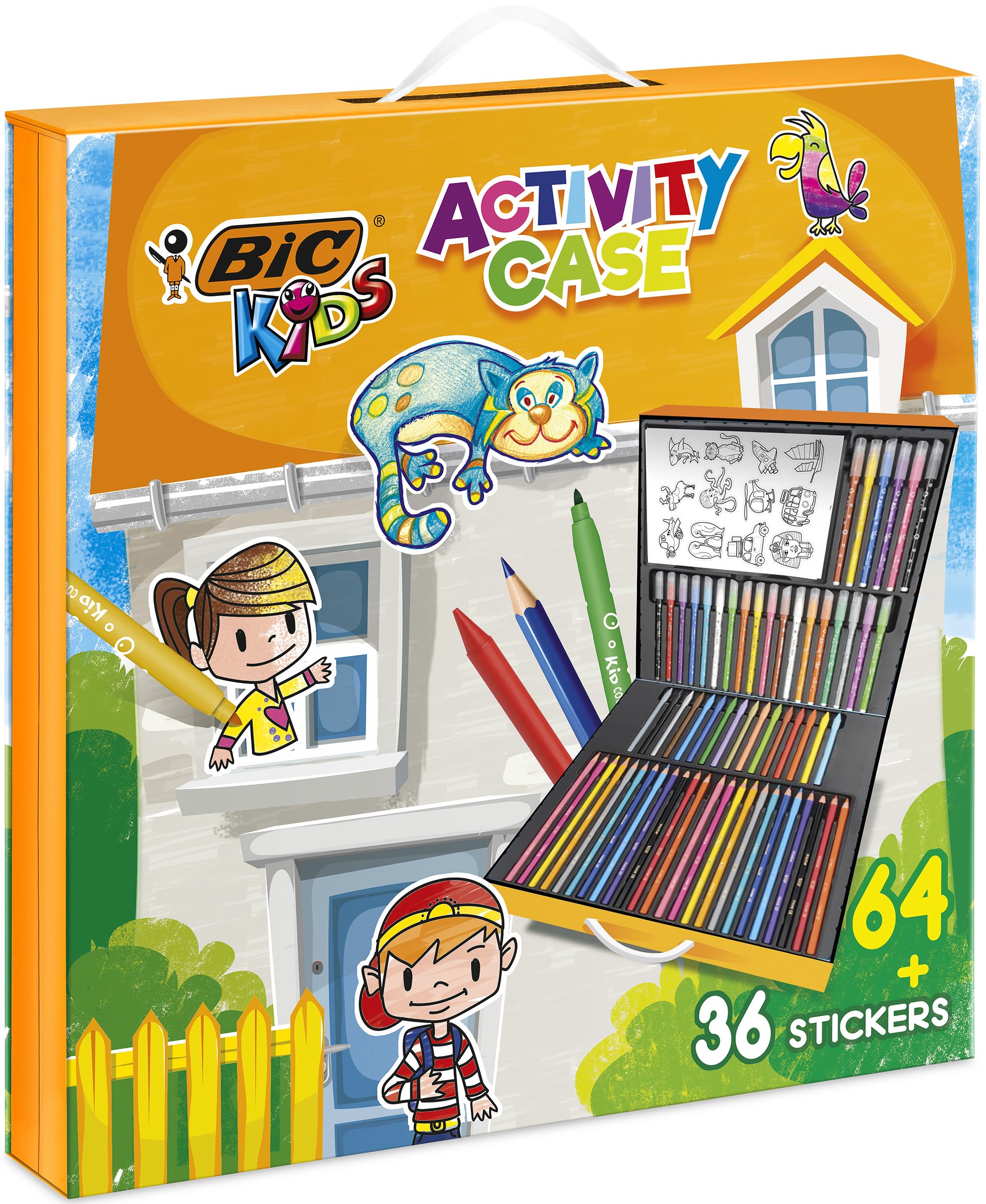 BIC Kids Activity Case, Maletín Creativo de 100 Piezas que incluye 24 Lápices, 24 Rotuladores, 16 Crayones y 36 Adhesivos. Incluye 36 stickers. Ideal para regalo, diversión asegurada.