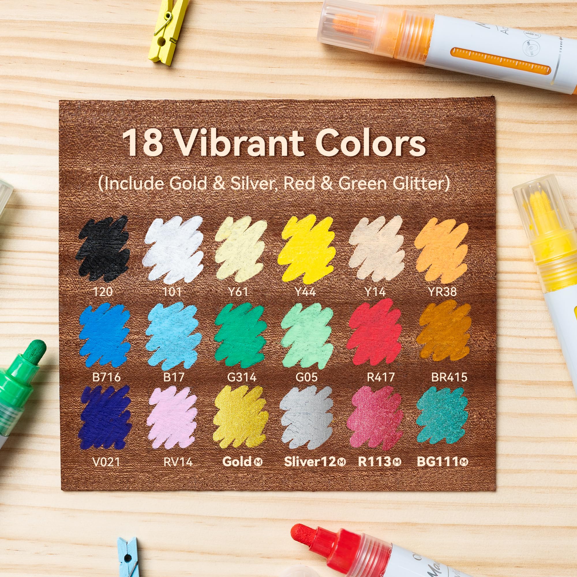Ohuhu Rotuladores Acrílicos Recargables 18 Colores, Punta Biselada 7mm Reversible, Impermeables y Resistentes a la Luz para Póster, Cerámica, Vidrio, Madera, Plástico, Metal - Mauna Kea