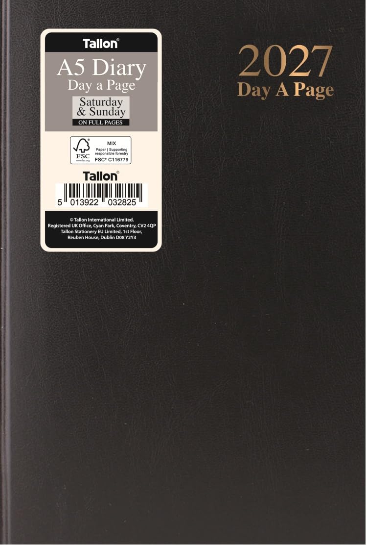 2027 A5 Day a Page Diary - Full Day Saturday & Sunday Pages - Full Year Hardback Casebound Planner - for Home Office School & Work (Black 2027)