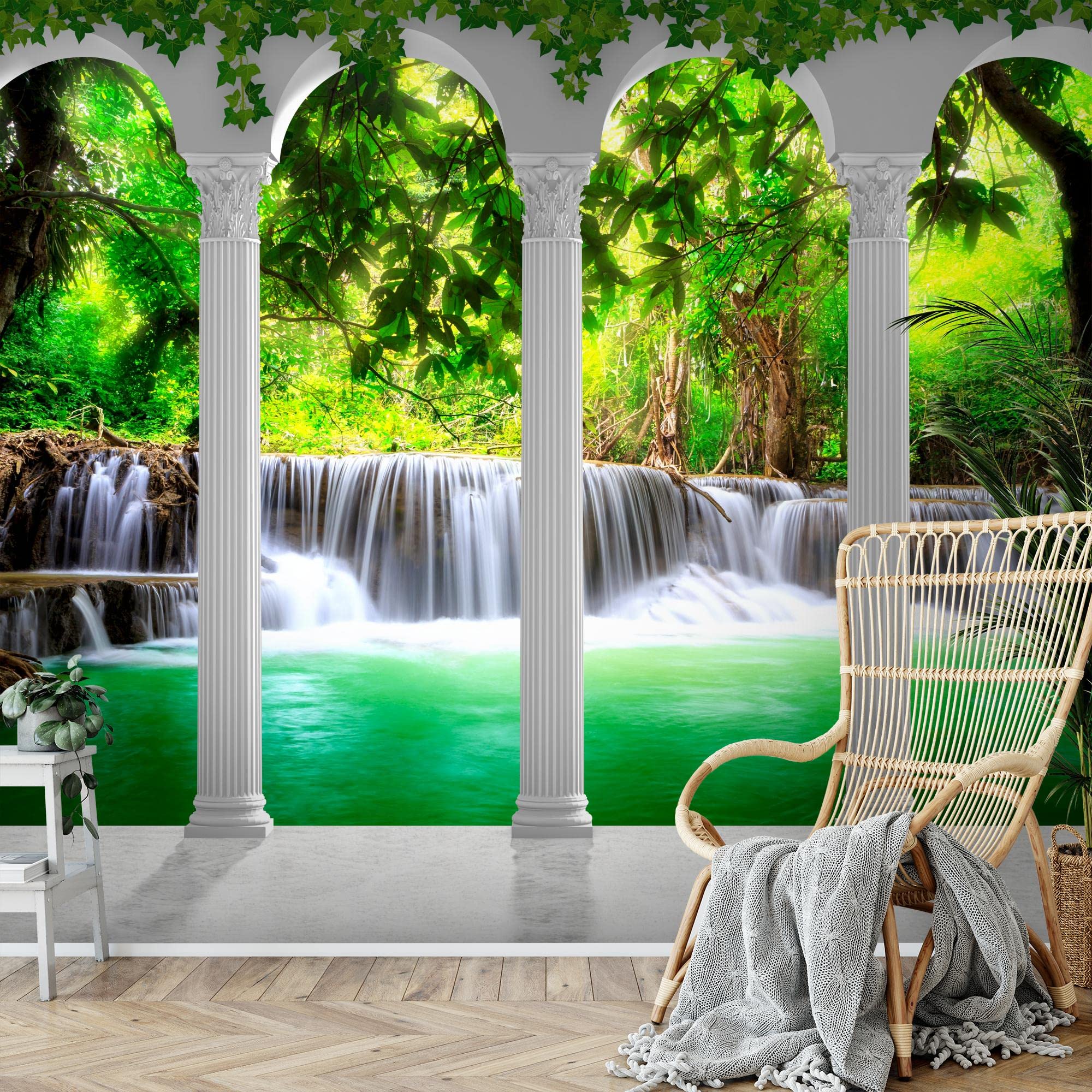 Runa Art Papel tapiz fotográfico columnas paisaje de cascada 352 x 250 cm Lana Fondo De Pantalla XXL Moderna Decoración De Pared Sala Cuarto Oficina Salón verde 9030011b