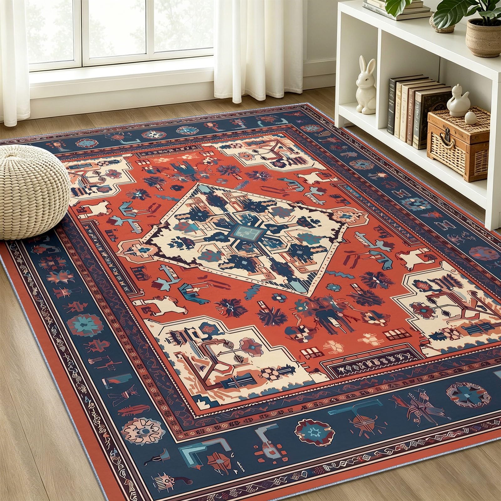 Boho Geometrisch Teppich Wohnzimmer 80 x 150 cm, Rot Blau Kurzflor rutschfest Waschbarer Teppich, Abstrakt Raute Rahmen Weich Teppiche für Schlafzimmer Büro Esszimmer Kinderzimmer