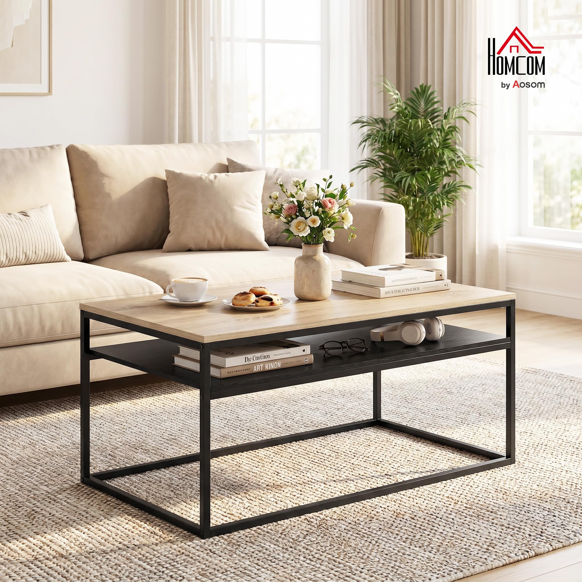 HOMCOM Couchtisch Wohnzimmertisch mit Ablage, Moderner Kaffeetisch im Industrial Design, Beistelltisch mit Metallrahmen Sofatisch für Wohnzimmer, Schlafzimmer, 100 x 59,8 x 47 cm, Eiche